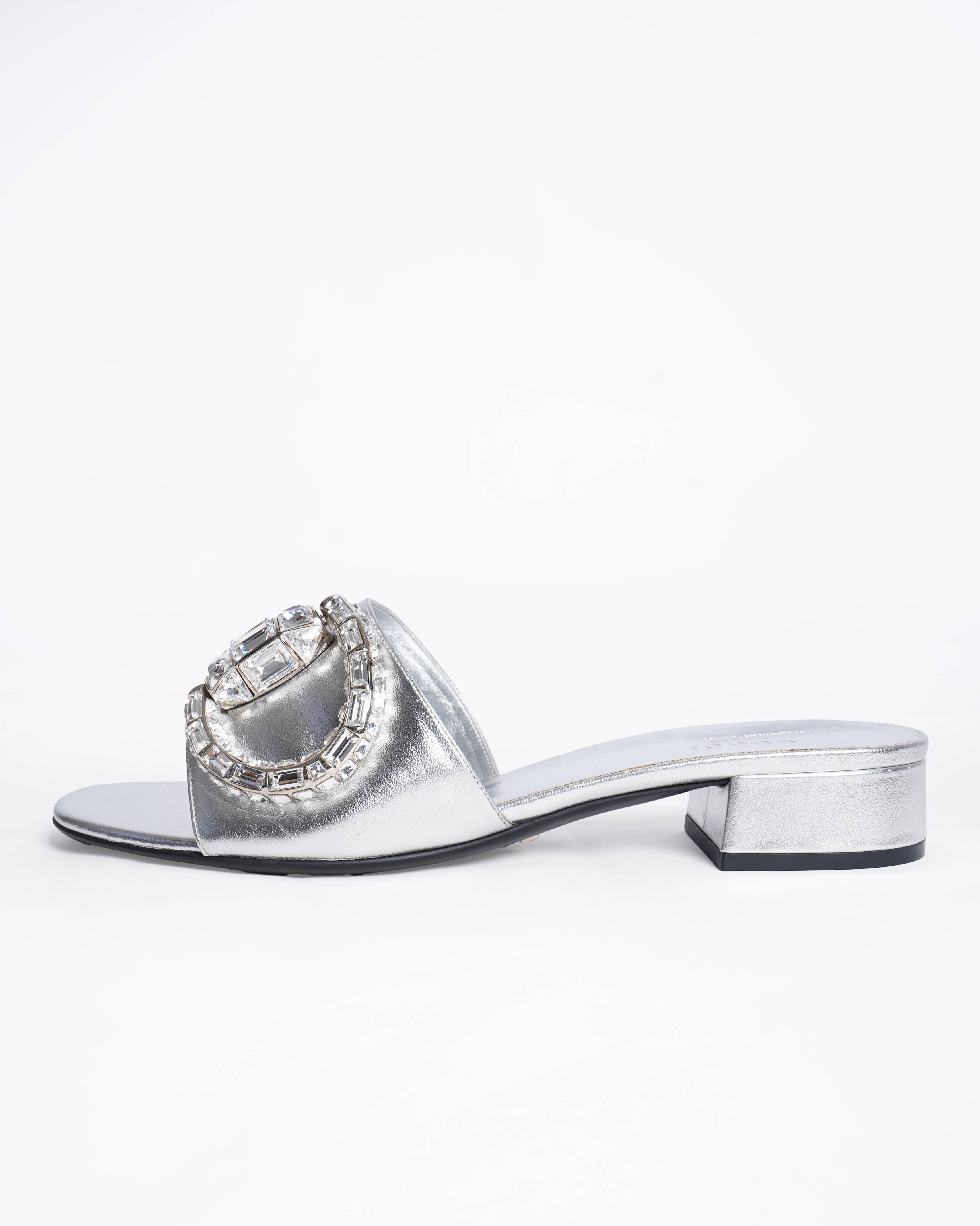 New Gucci Silver Leather Maxime Crystal Horsebit Slide Sandals
