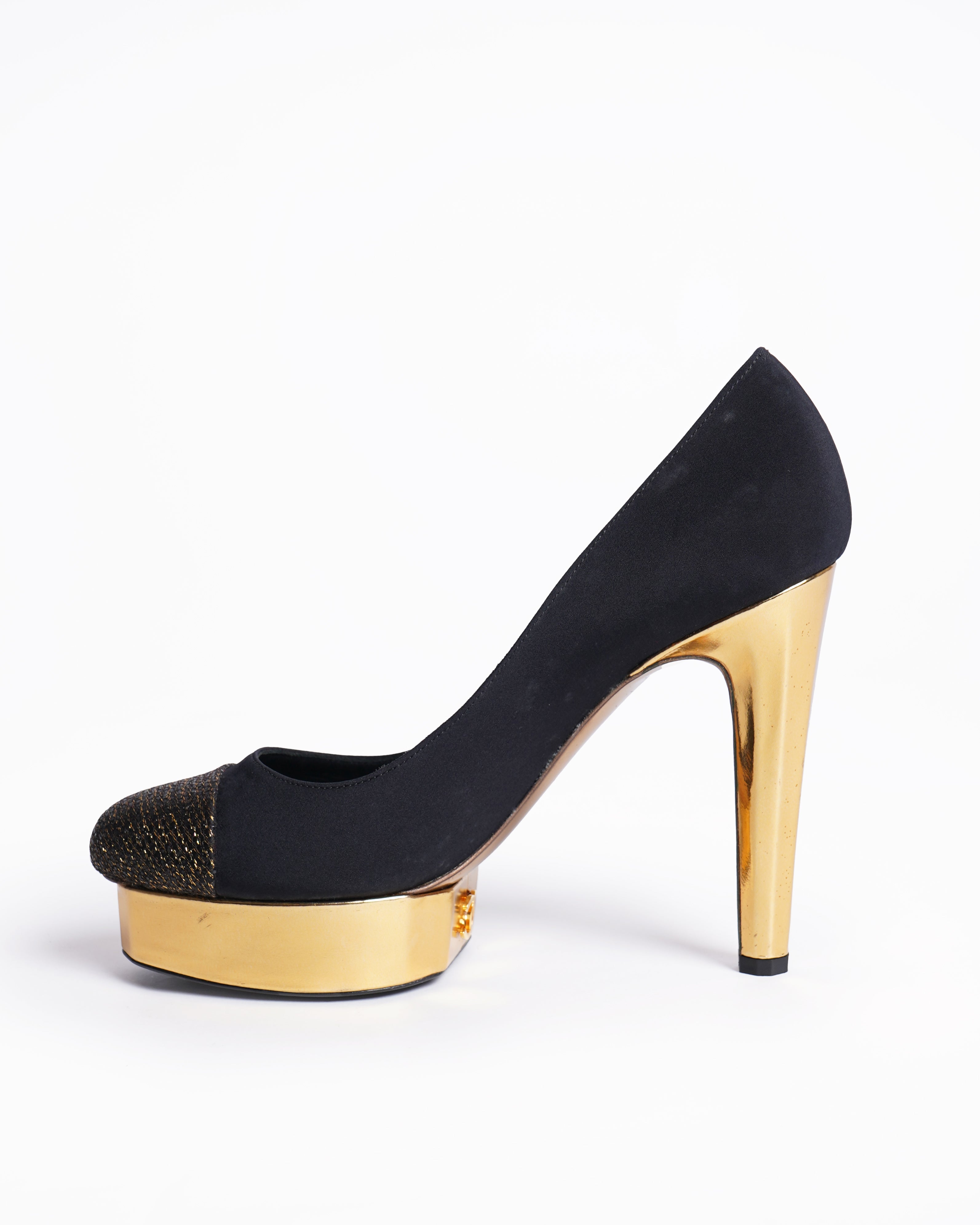 New Chanel Black & Golden Satin Block Heel Pumps