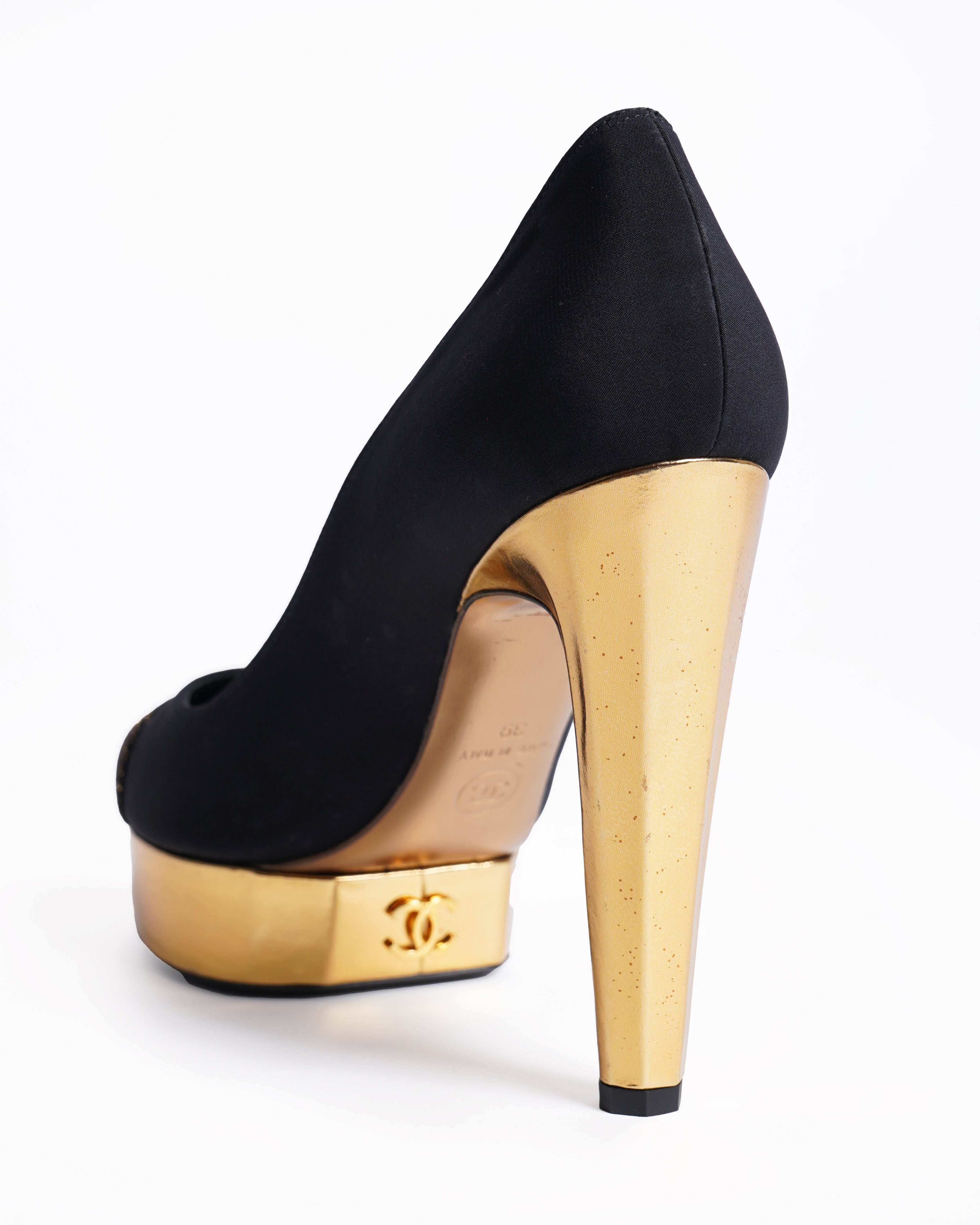 New Chanel Black & Golden Satin Block Heel Pumps
