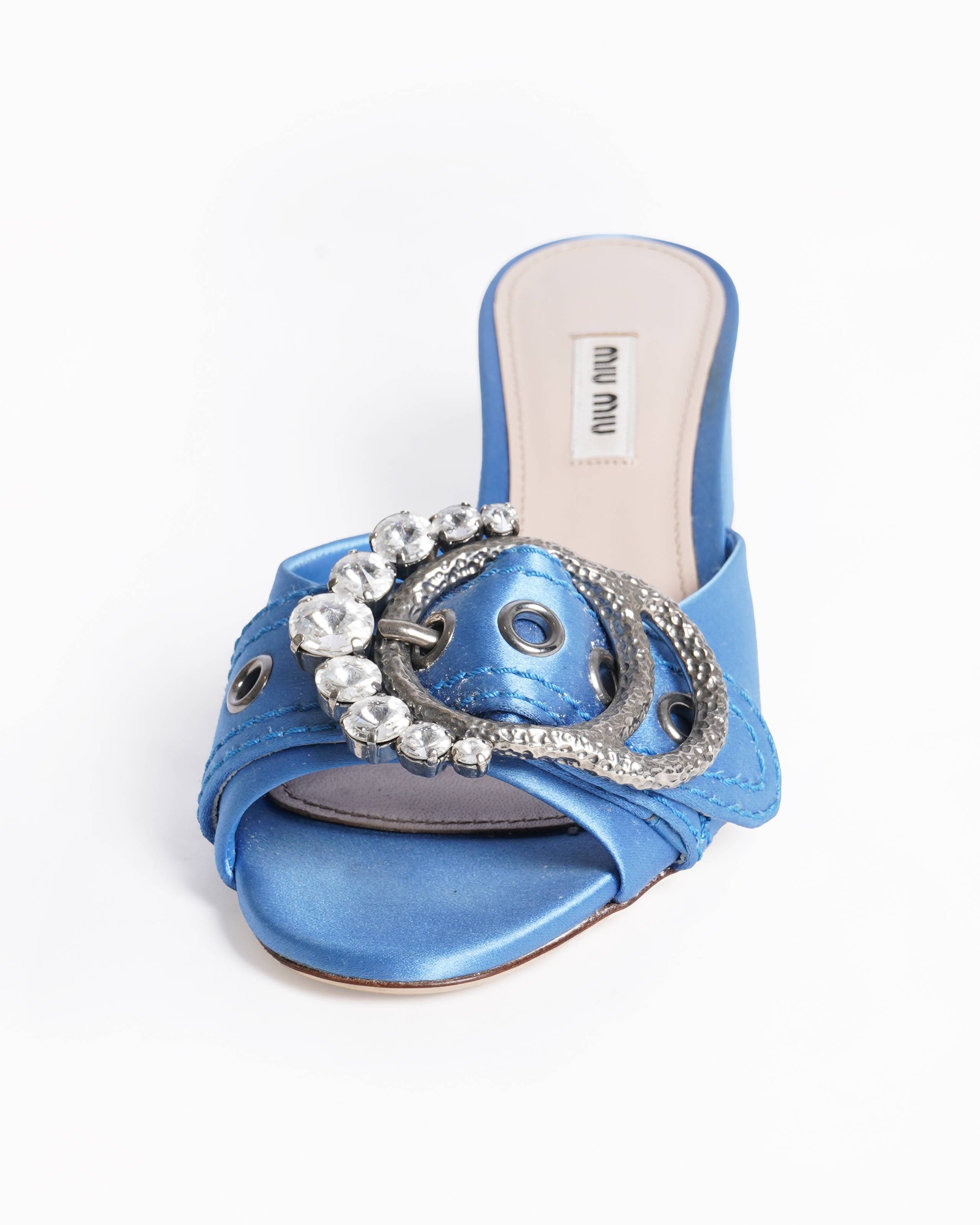 Miu Miu Blue Satin Crystal Buckle mules
