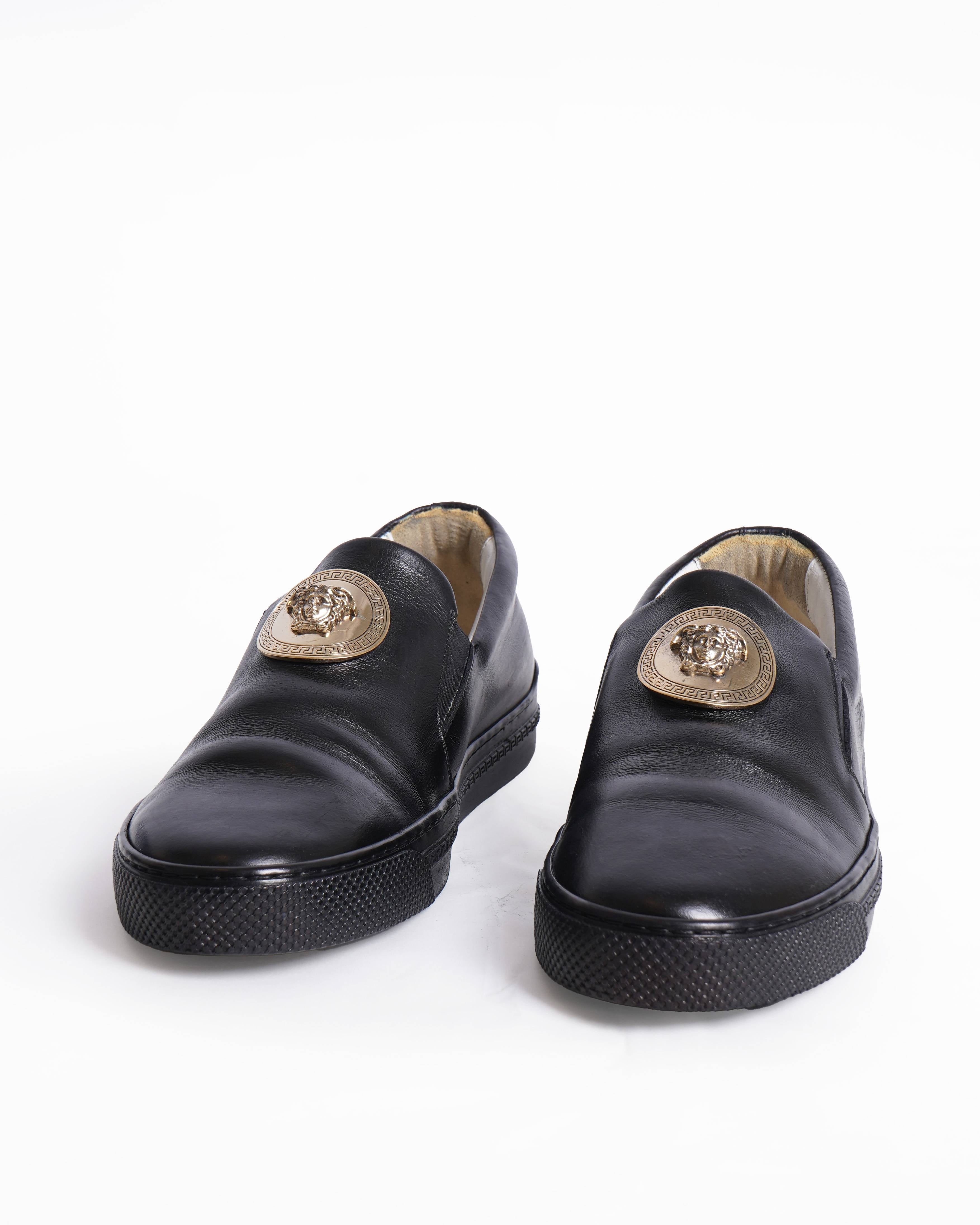 Versace Men's Black Leather Medusa Slip-On Sneakers