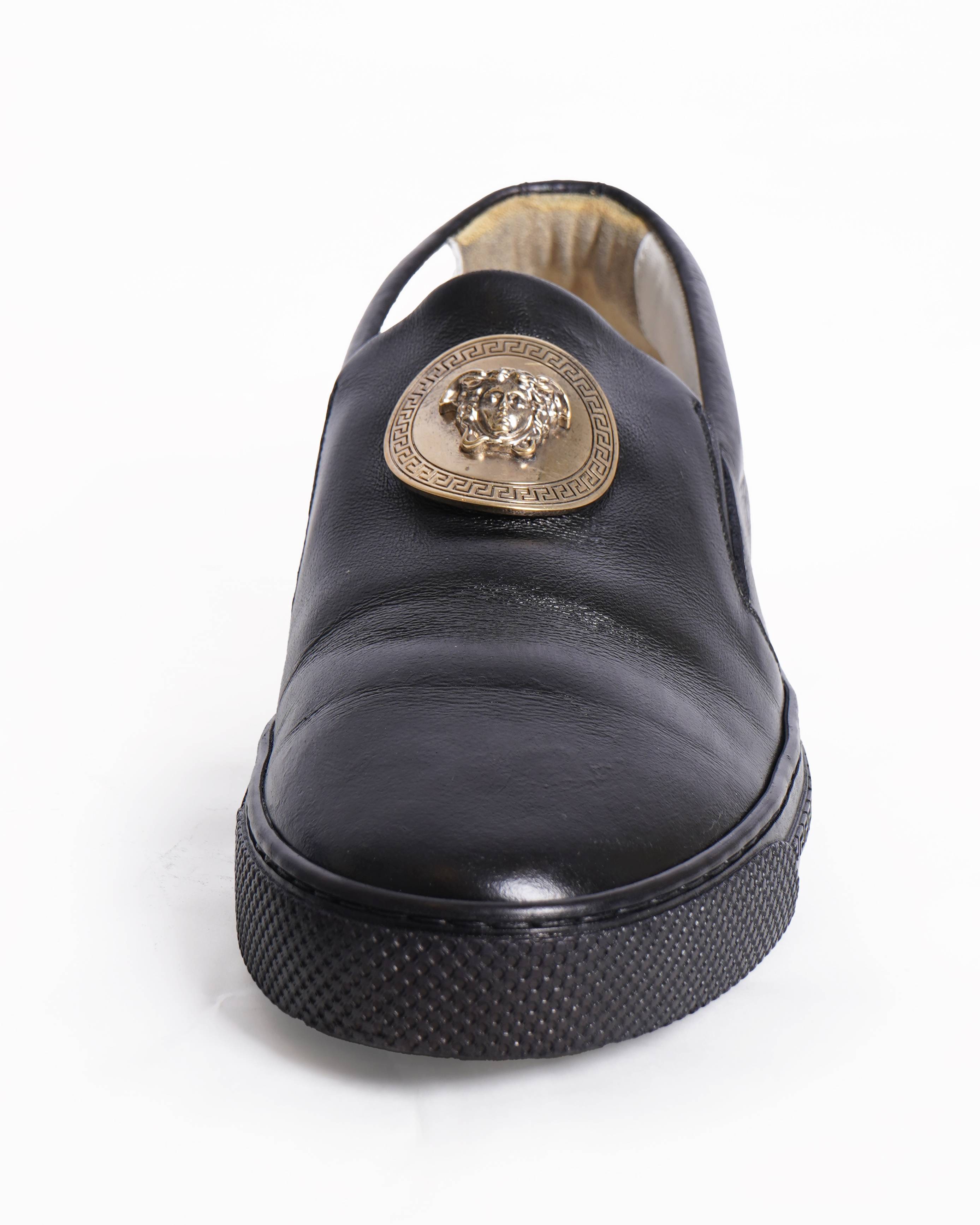 Versace Men's Black Leather Medusa Slip-On Sneakers