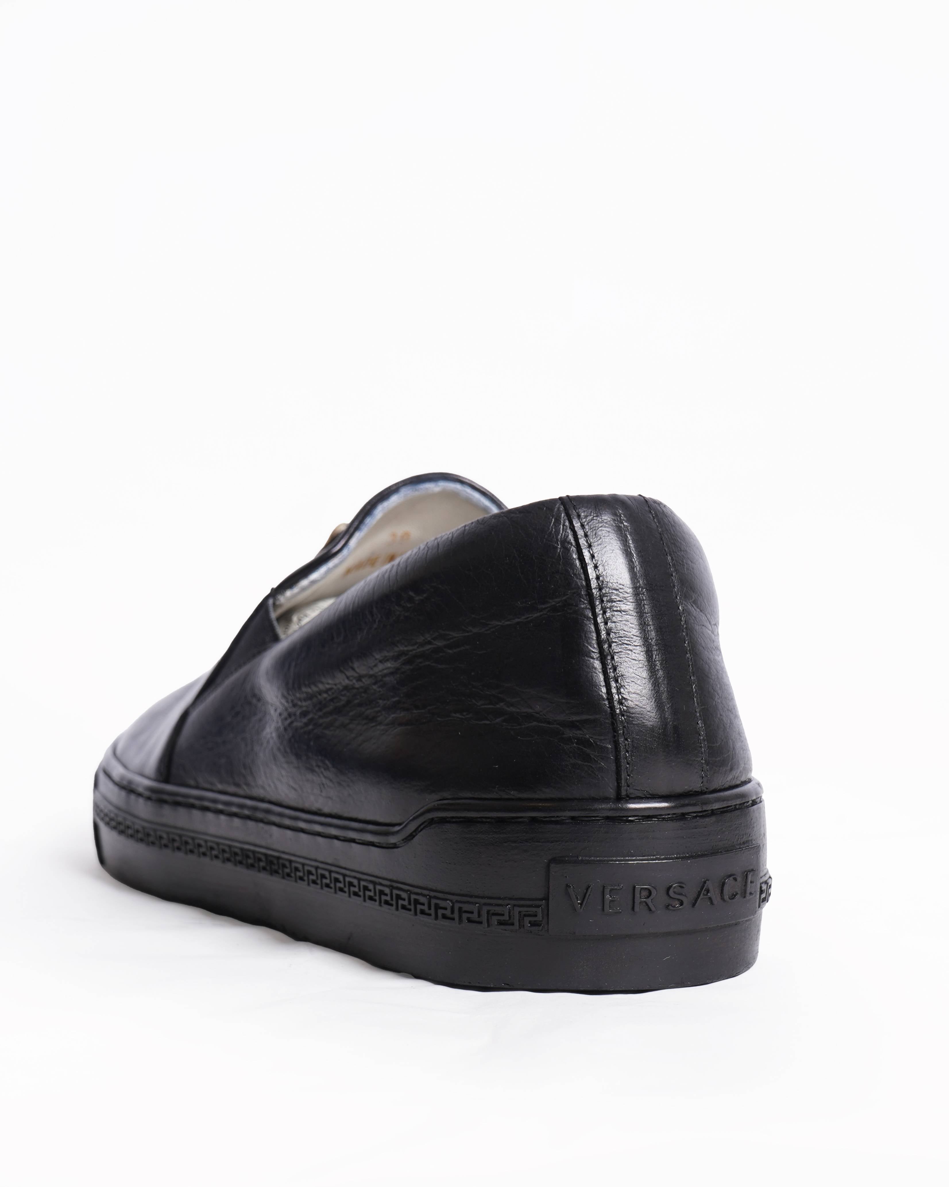 Versace Men's Black Leather Medusa Slip-On Sneakers