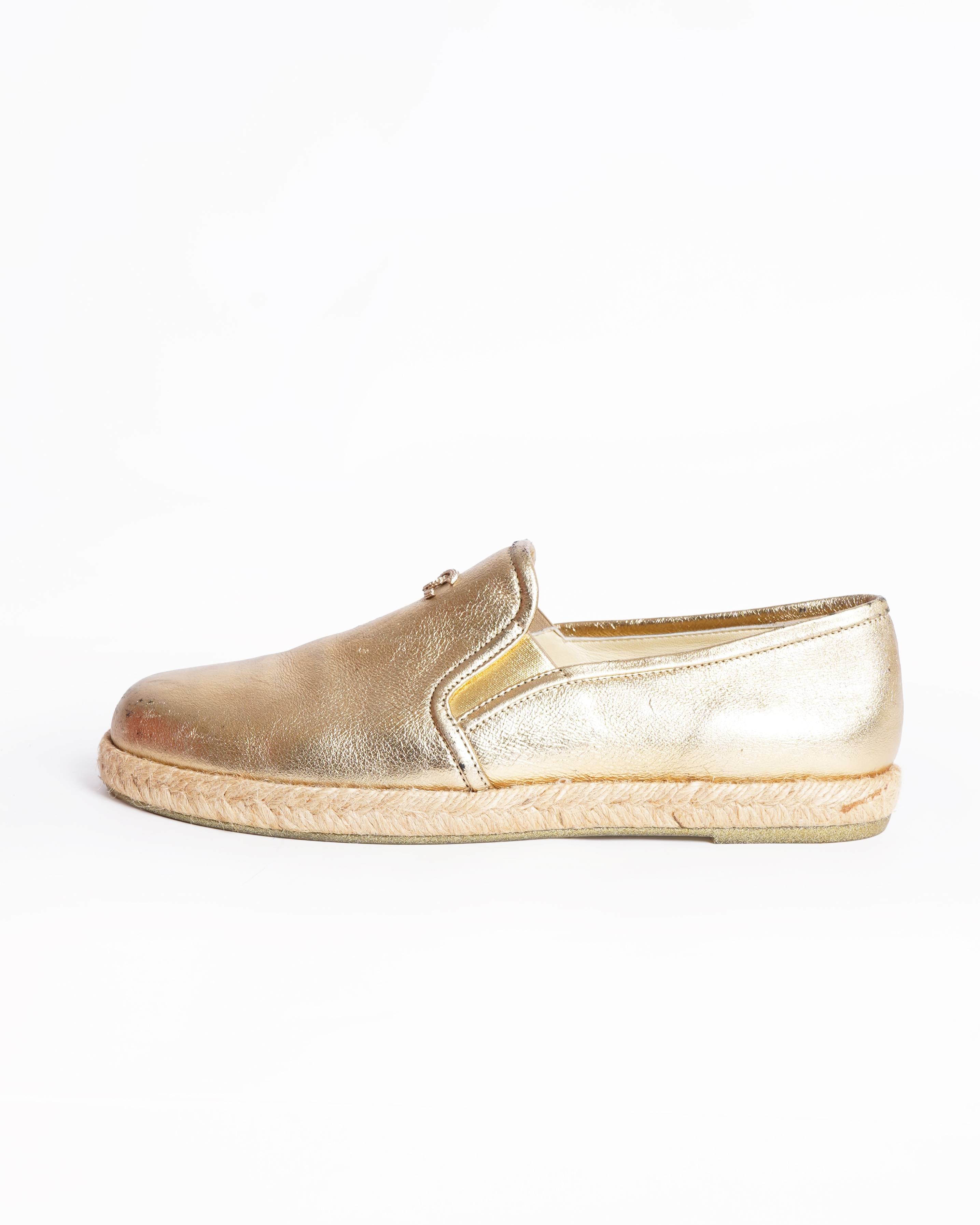 Chanel gold metallic cc logo loafers