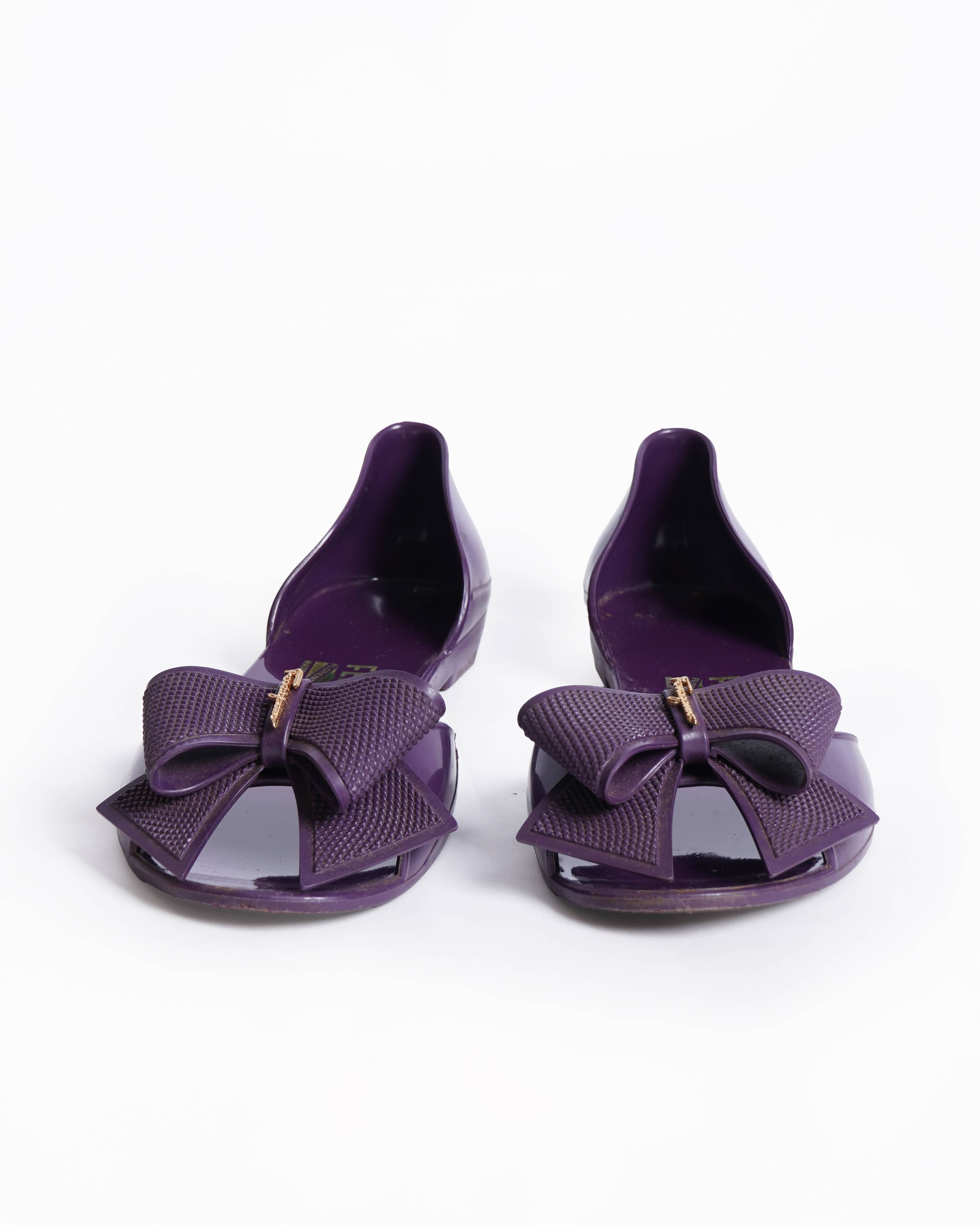 Salvatore Ferragamo Purple Jelly Bow Flat Sandals