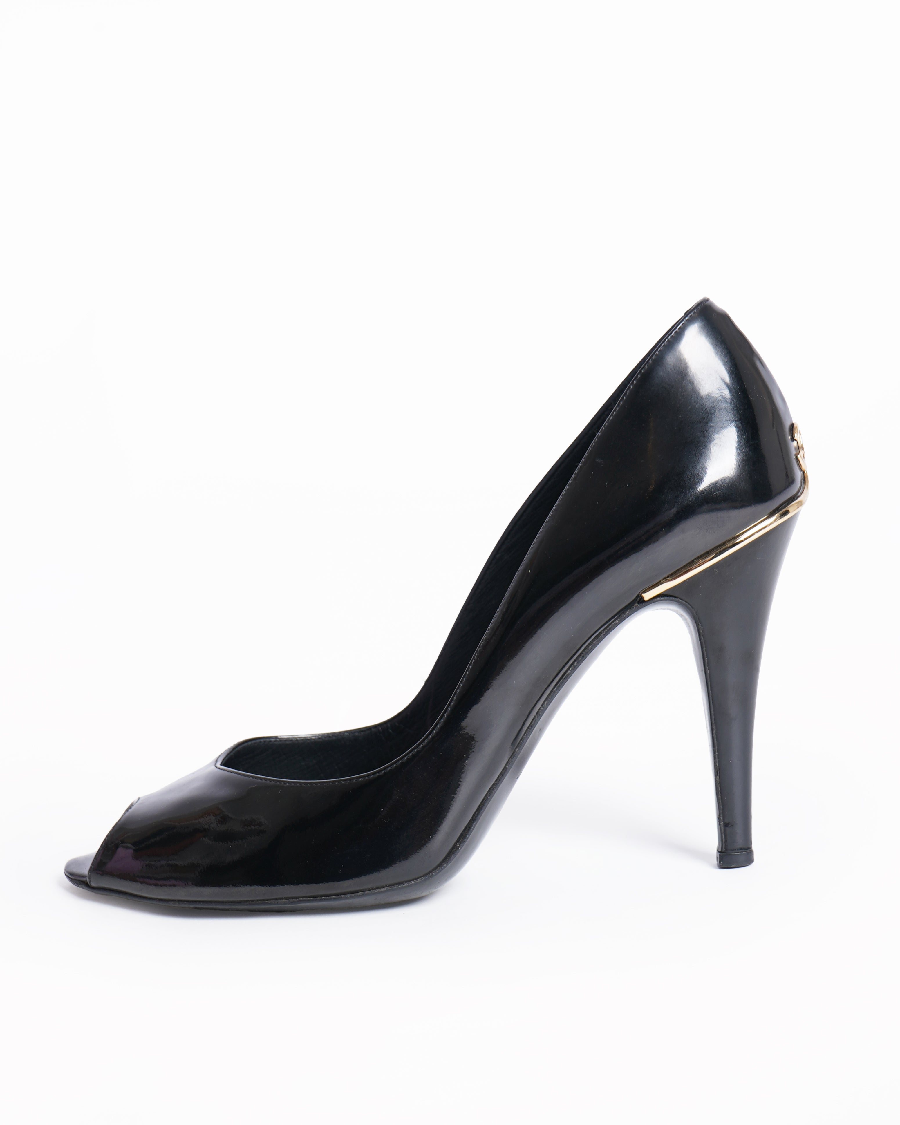 Chanel Black Peep Toe Pumps In Patent Leather