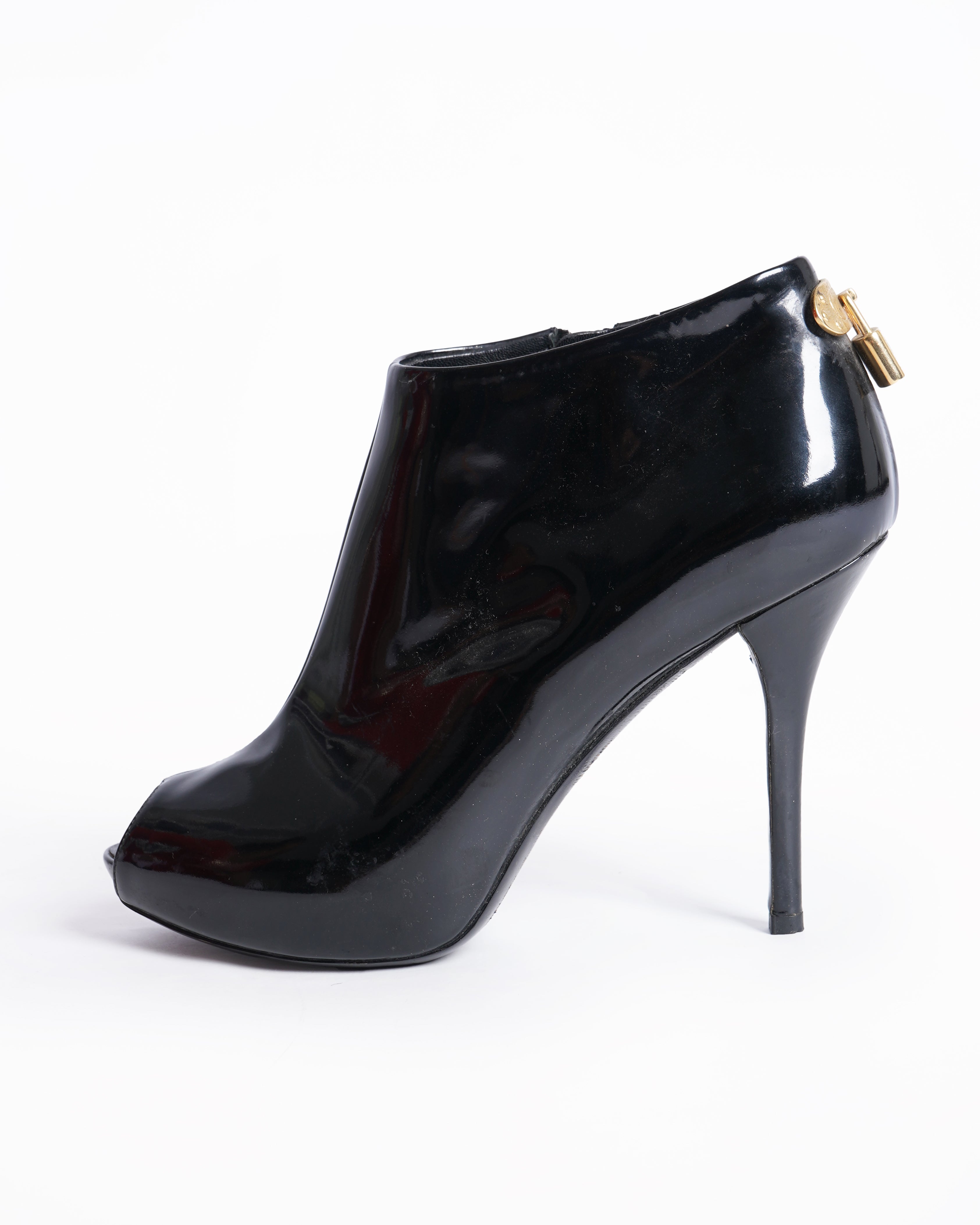 Louis vuitton black patent leather open toe boots