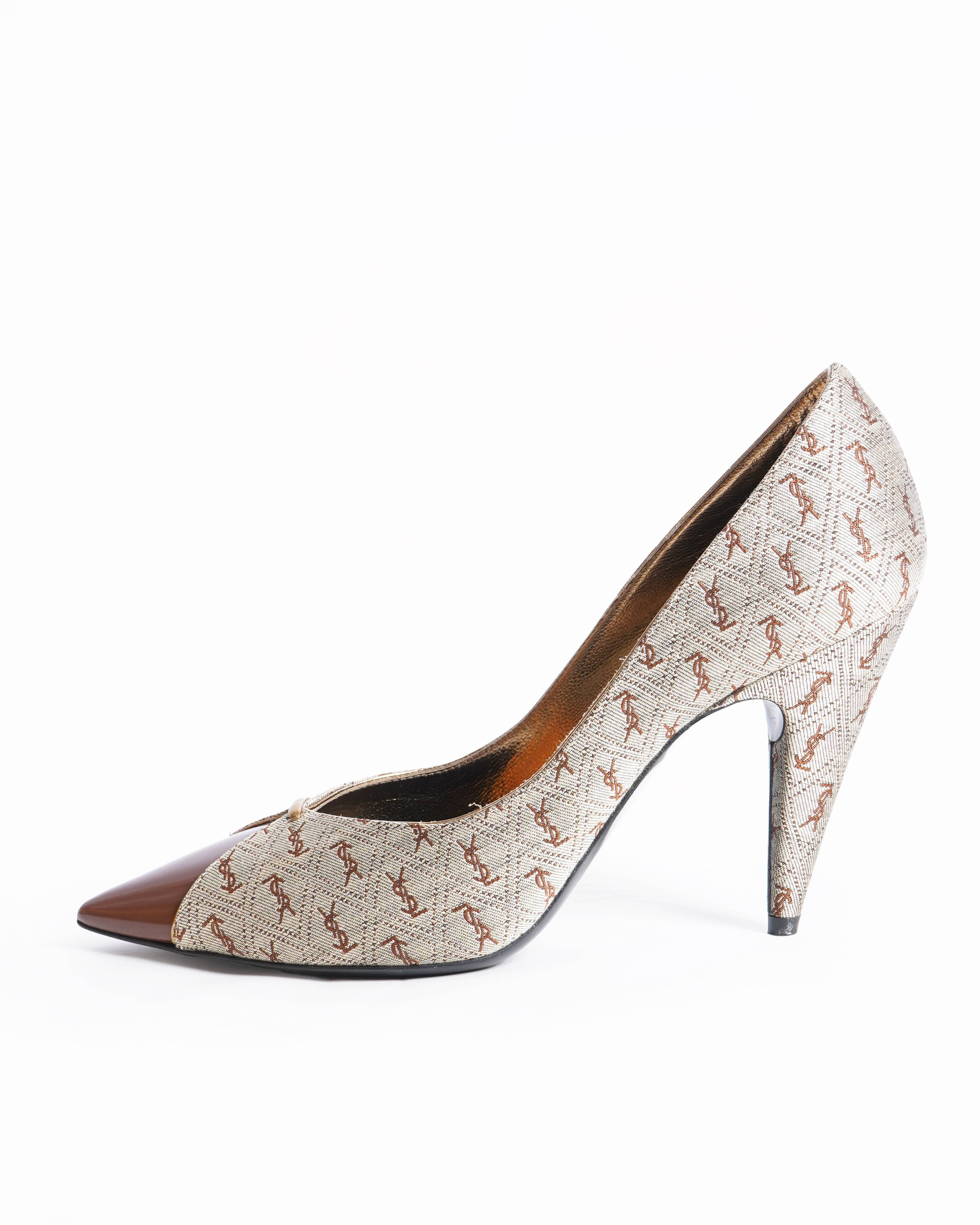 Yves Saint Laurent Women Brown Pumps Canvas Leather Cone High Heel