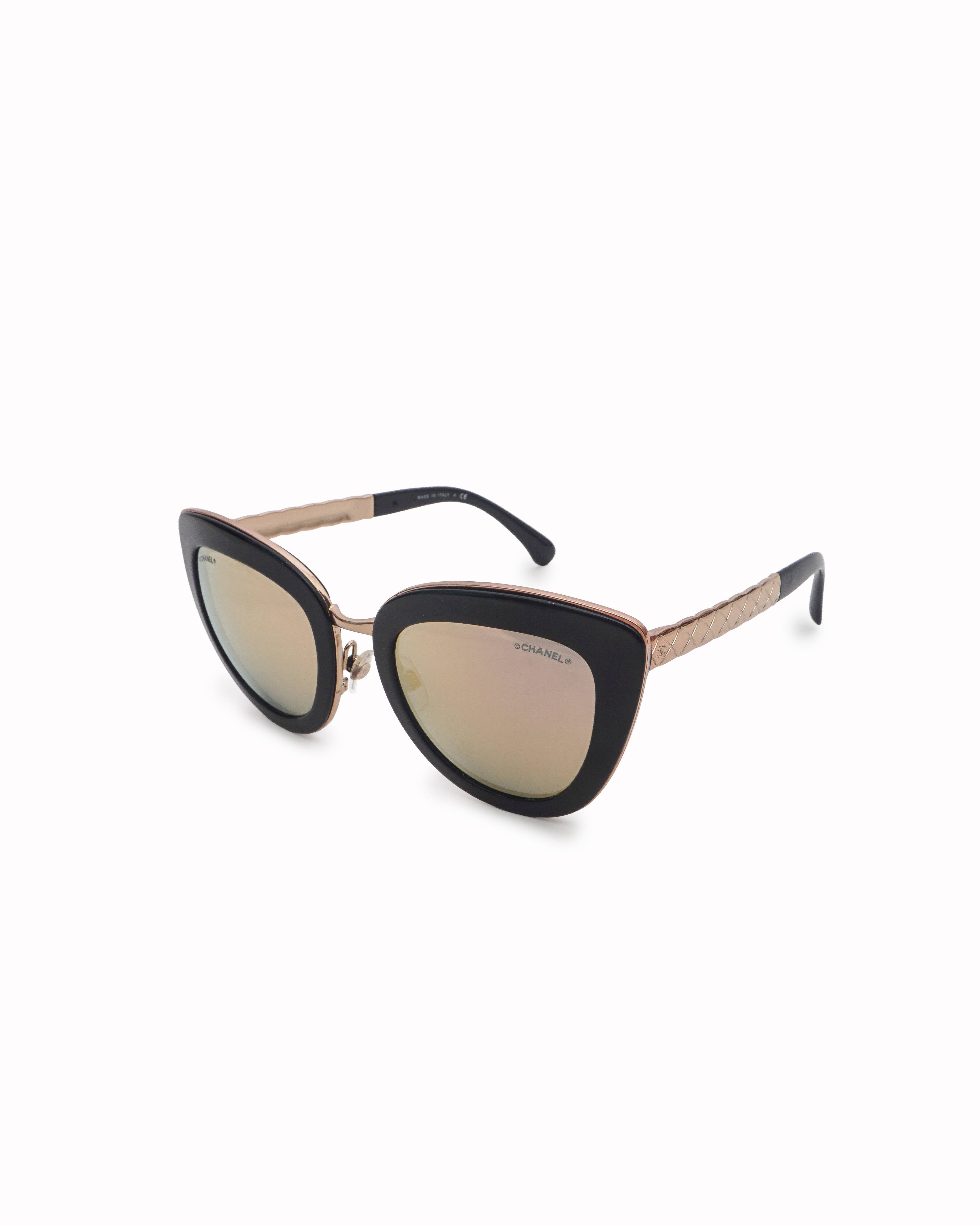 Chanel Black Acetate & Rose-Gold Quilted Metal Cat-Eye Sunglasses