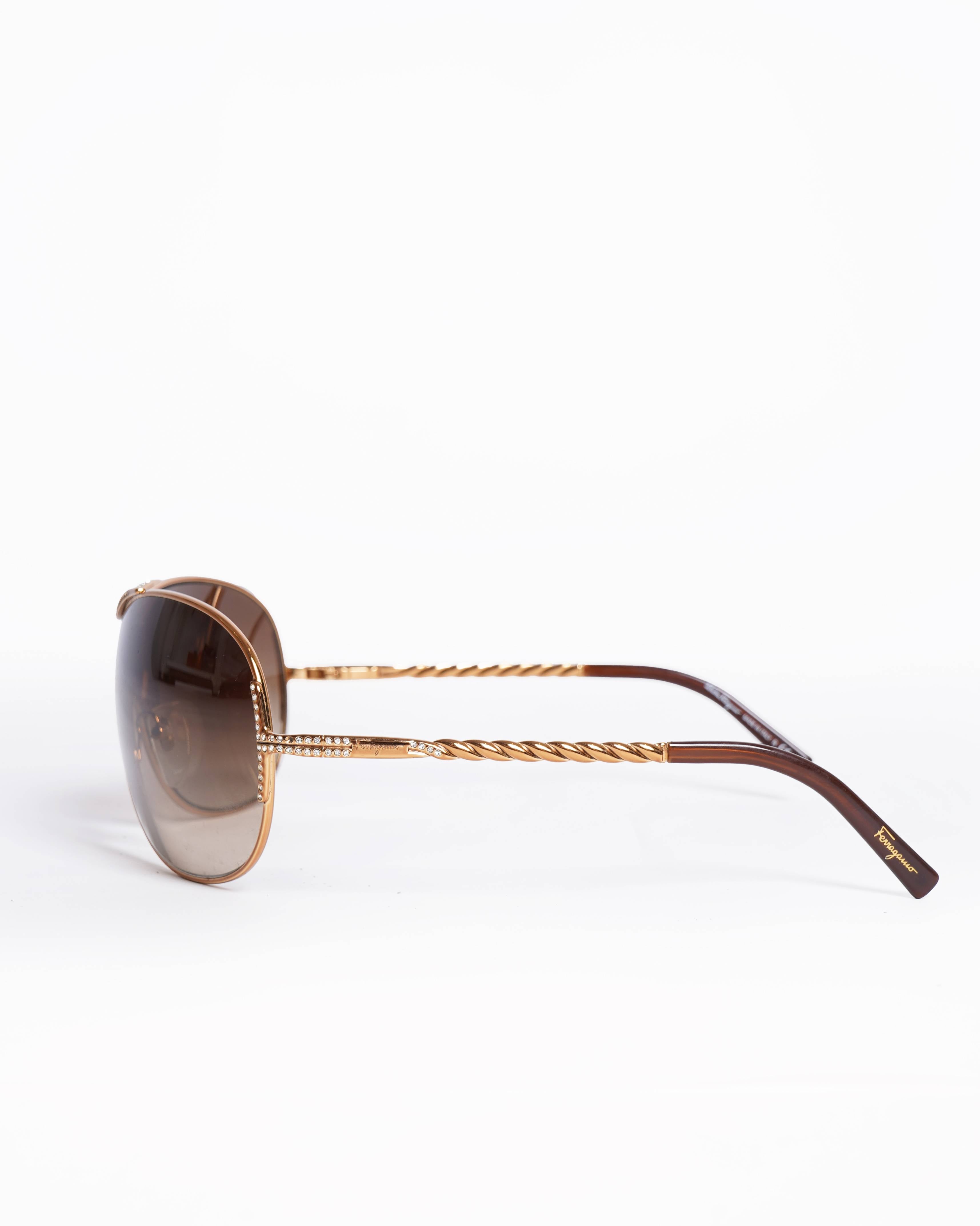 Salvatore Ferragamo Gold-Tone Shield Sunglasses with Twisted Temple Detail
