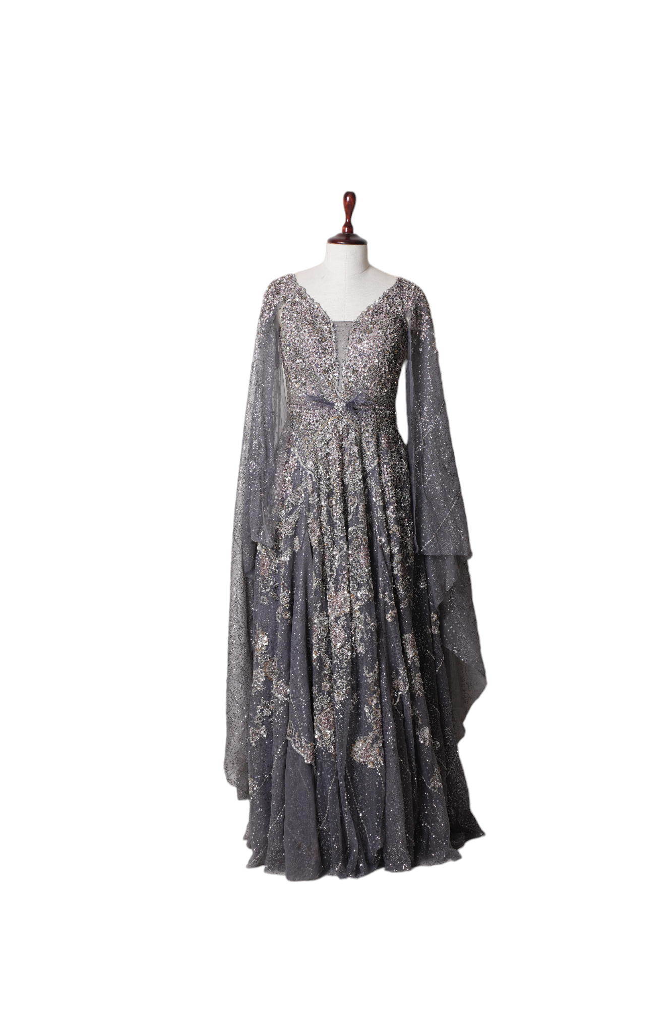 Dolly J Grey Embellished Cape Sleeve Gown