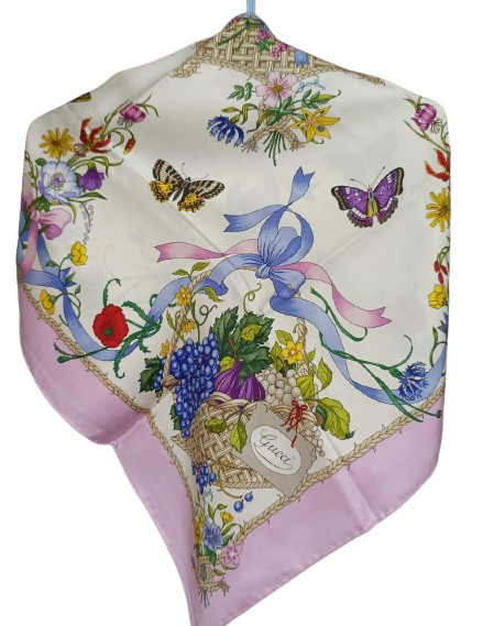 New Gucci Silk Flower Basket Printed Scarf In Silk