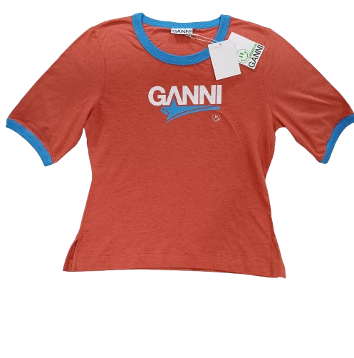 New Ganni Orange Peprika Women's T shirt With Blue Accent