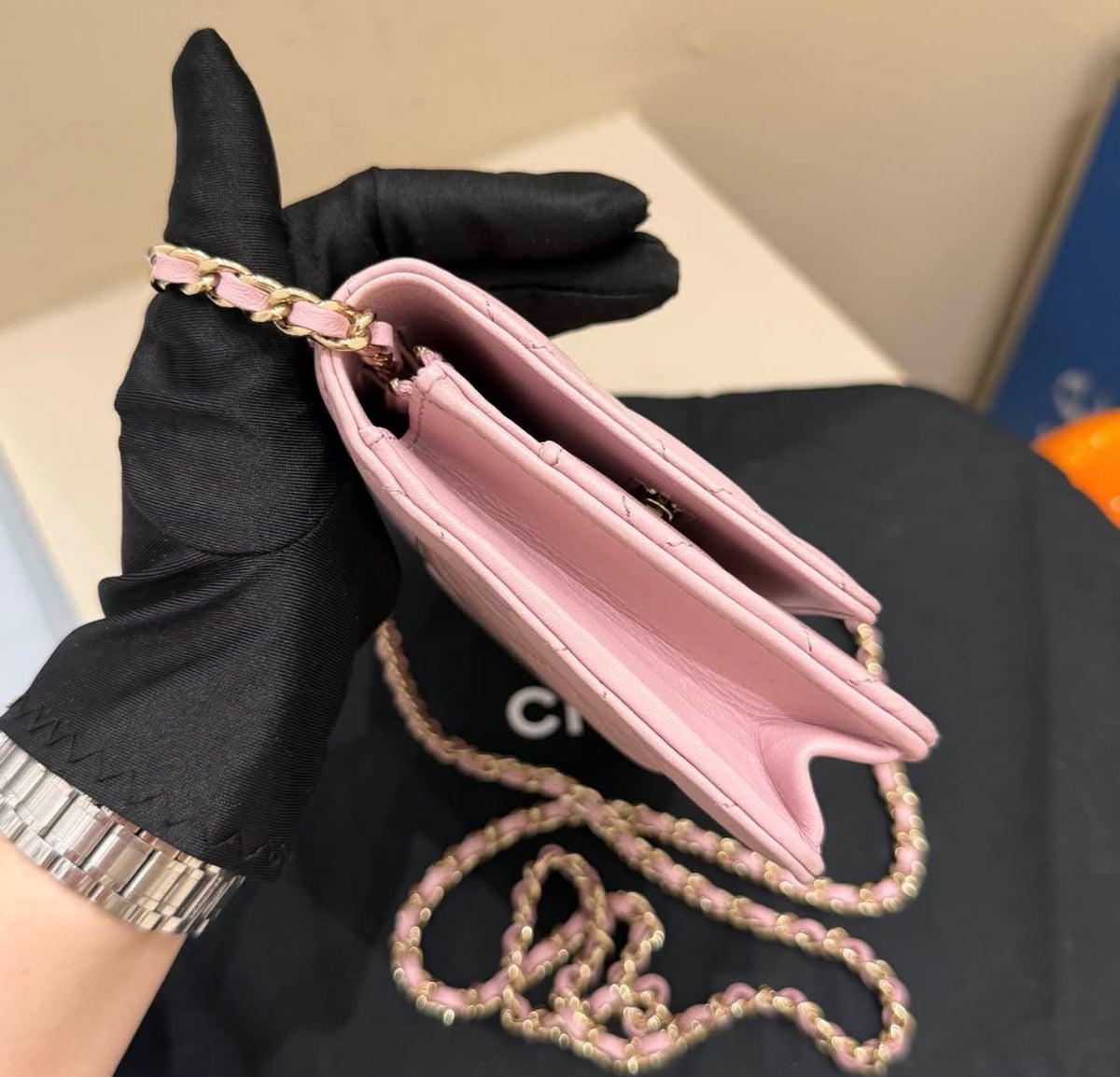 Chanel Classic Wallet on Chain (WOC) Light Pink Quilted Lambskin Gold Hardware