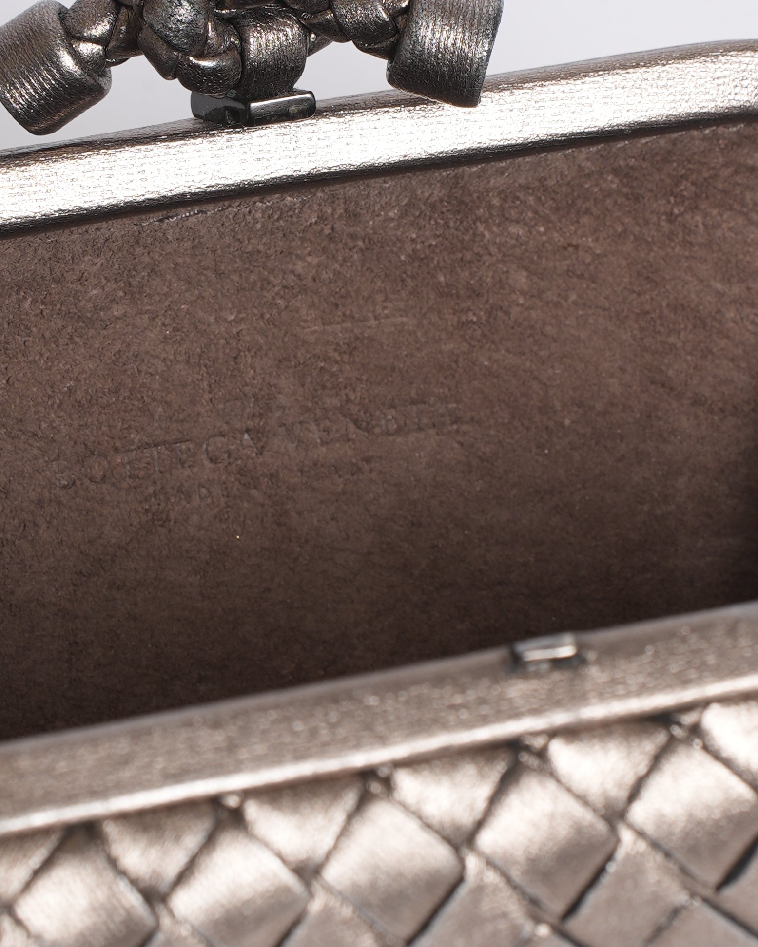 Bottega Veneta Silver Knot Clutch With FLoral Detailing