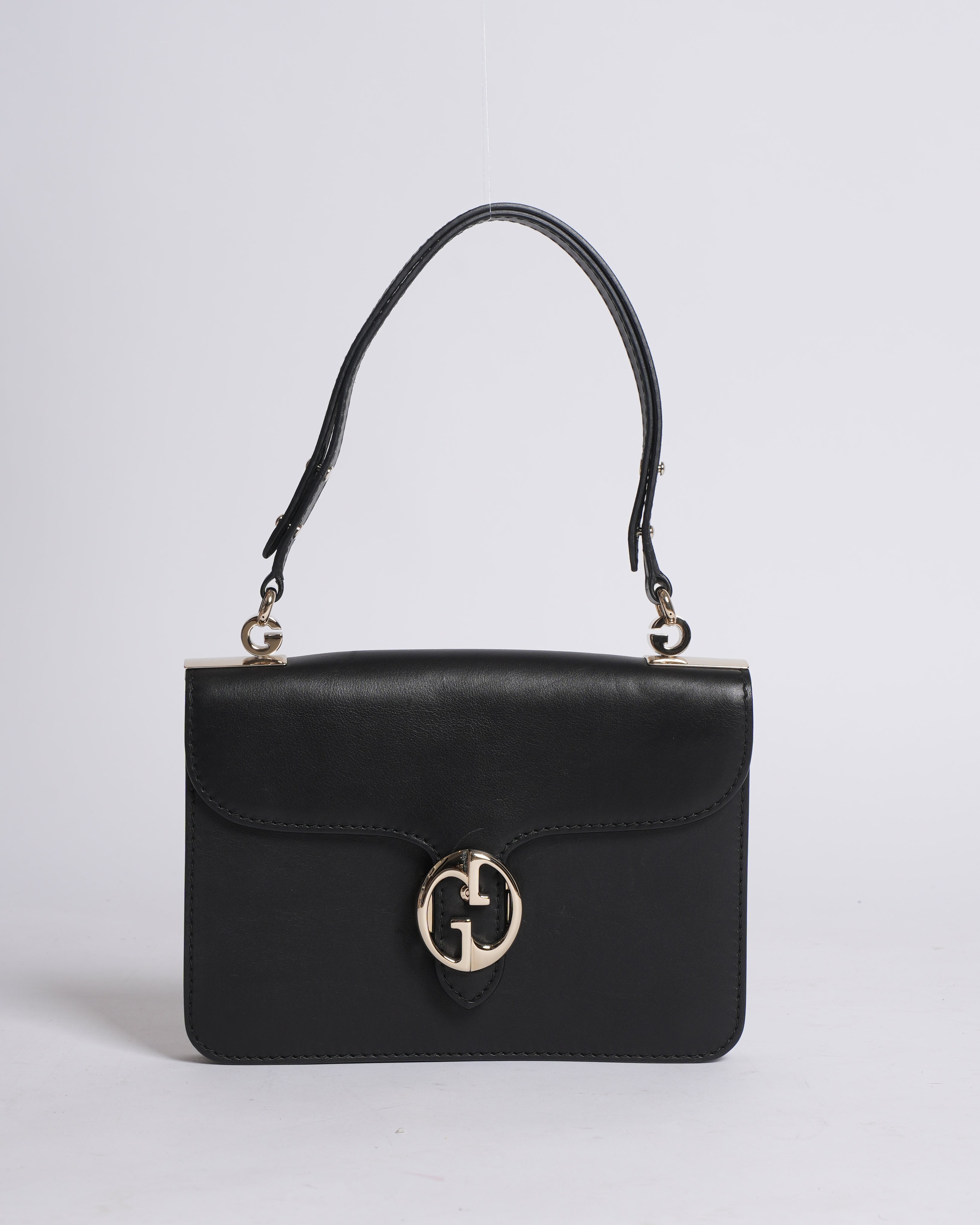 Gucci Black Leather 1973 Flap Top Handle Bag