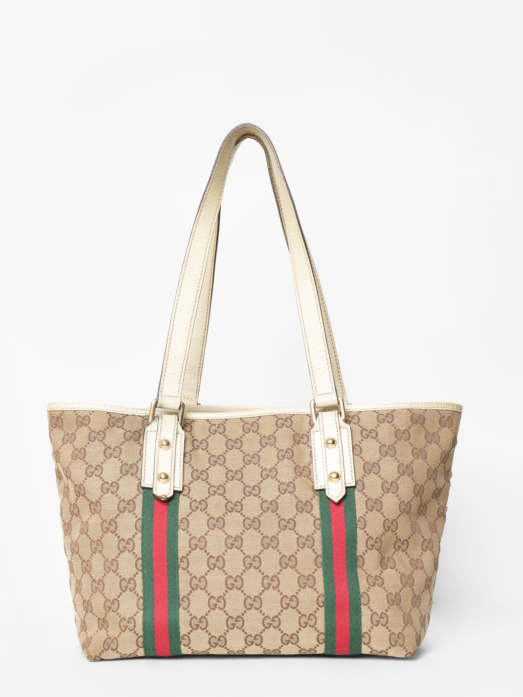 Gucci Jolicoeur Striped Charm Beige GG Canvas Tote Bag