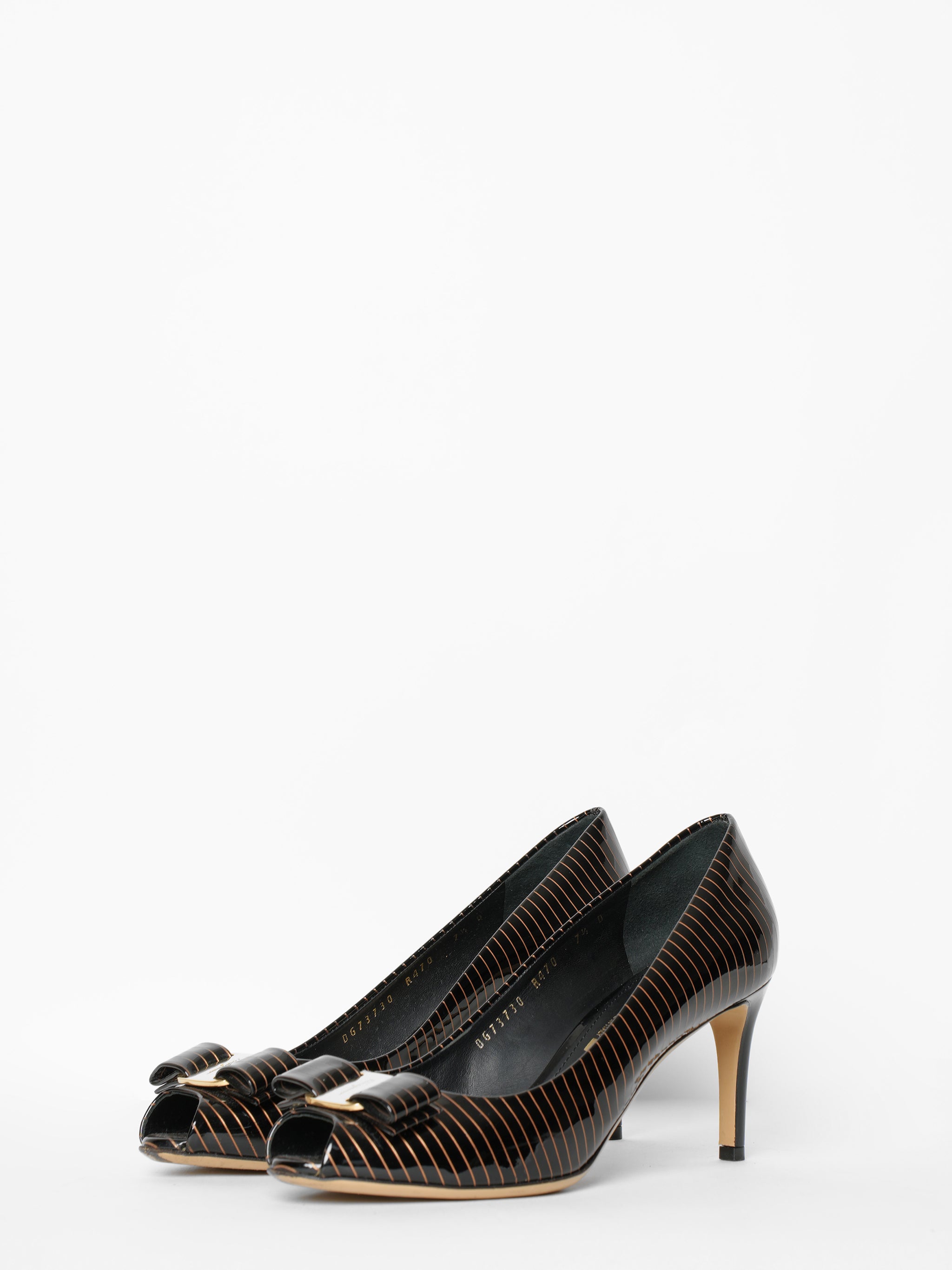 Ferragamo Pola Black And Gold Patent Leather Pumps