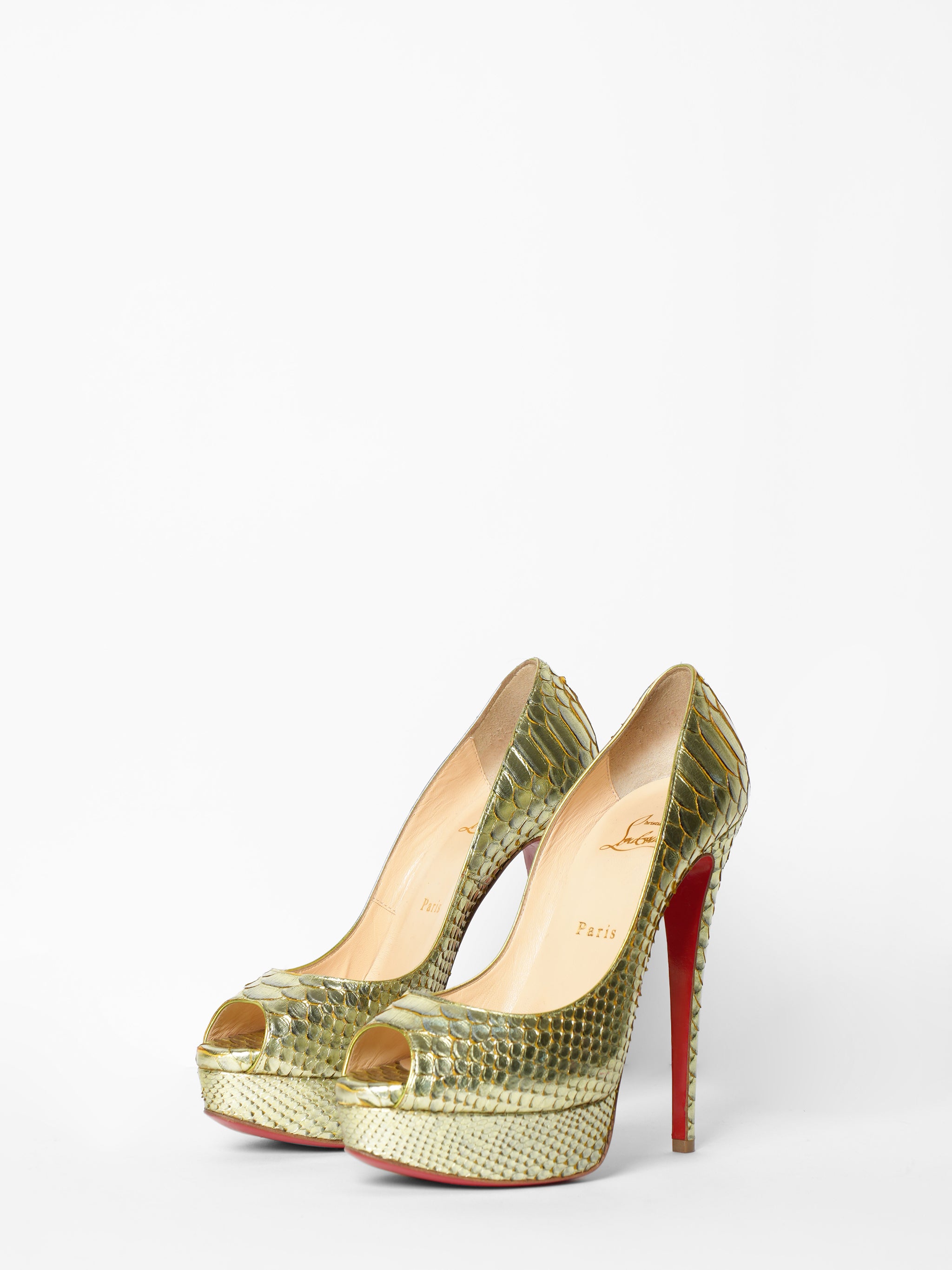 Christian Louboutin Gold Python Lady Peep Toe
