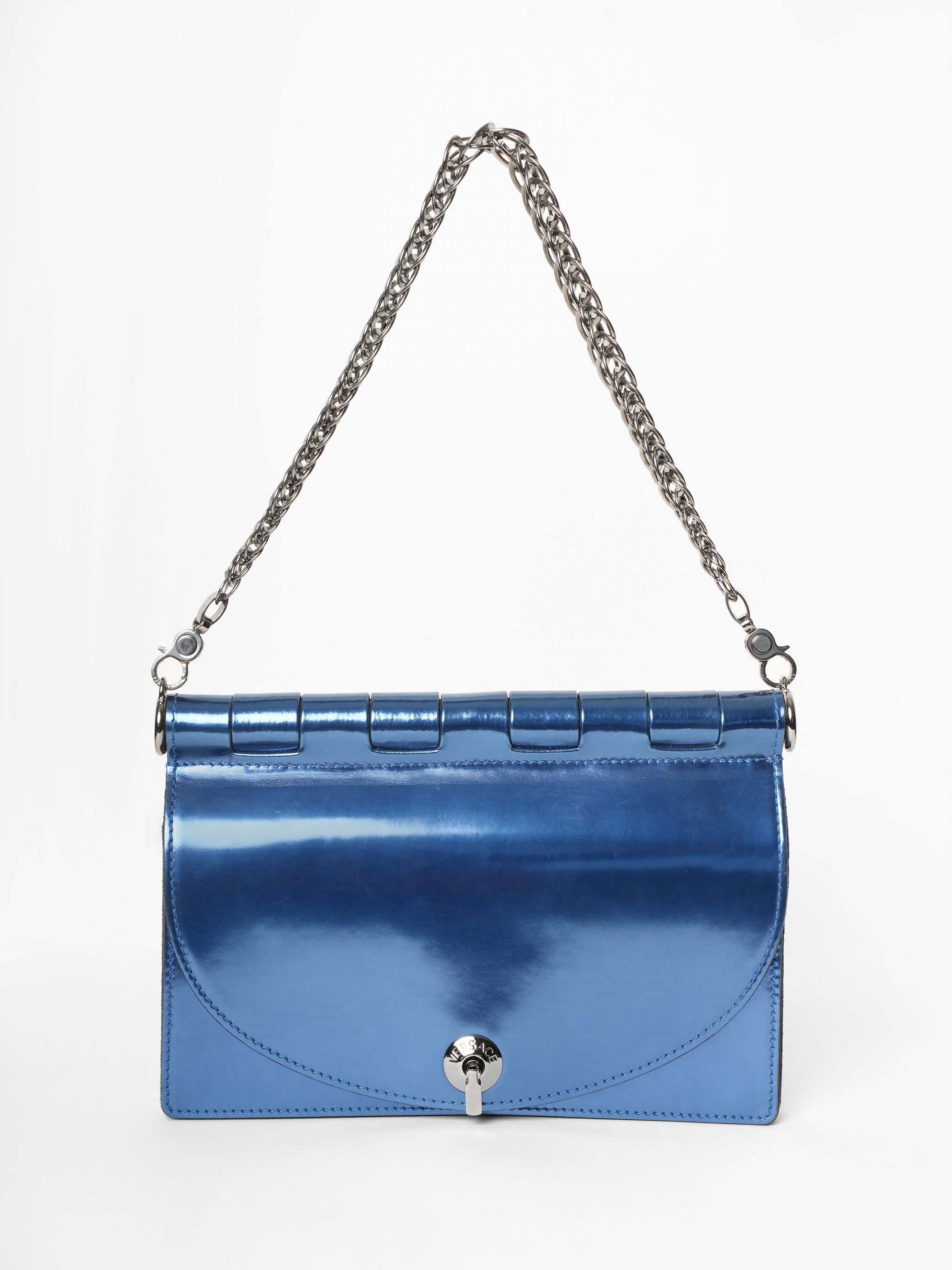 Versace Electric patent leather blue fold over bag with palladium chain handle