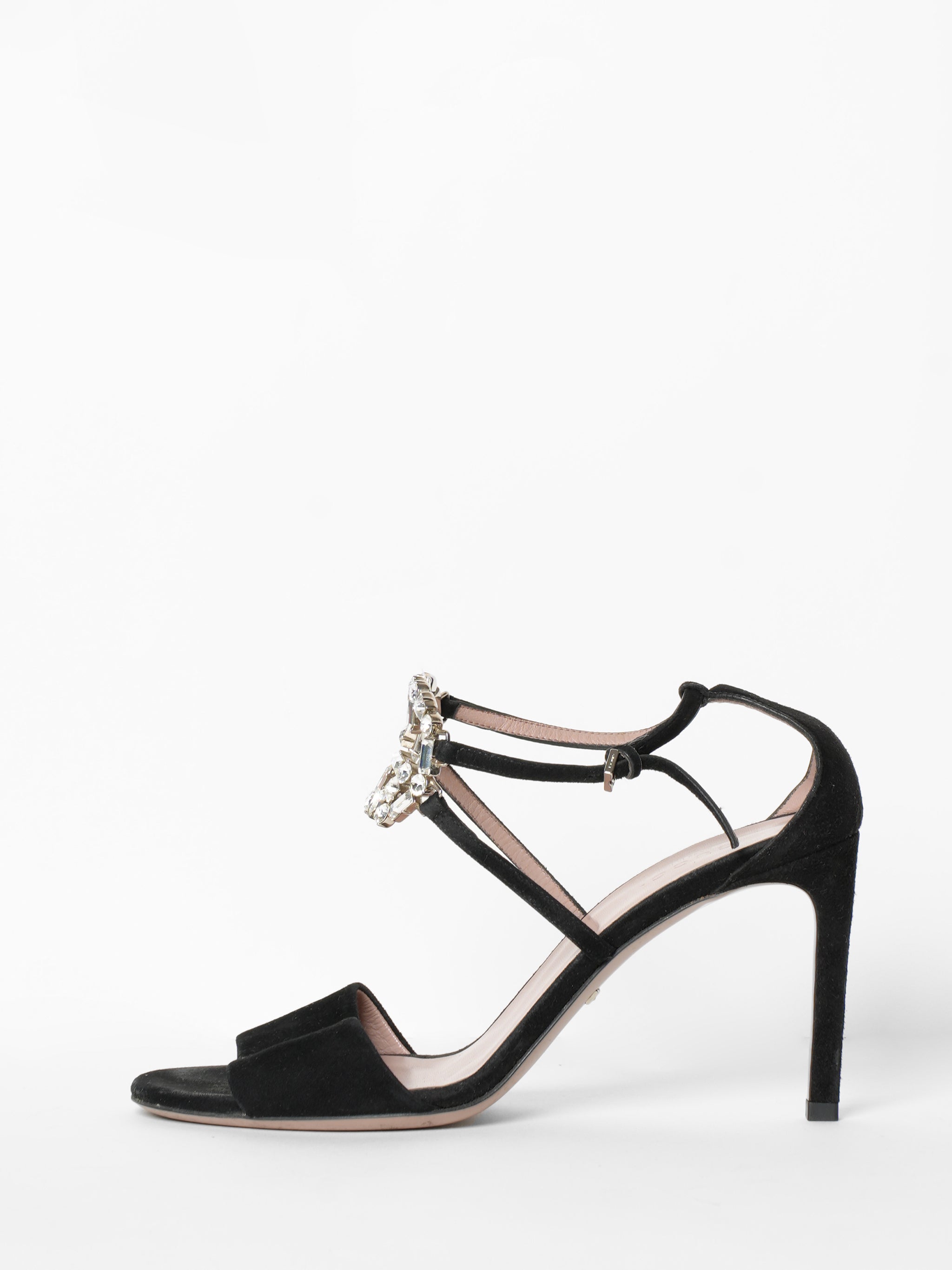 Gucci Black Suede Crystal Embelished GG Interlock Strap Sandal