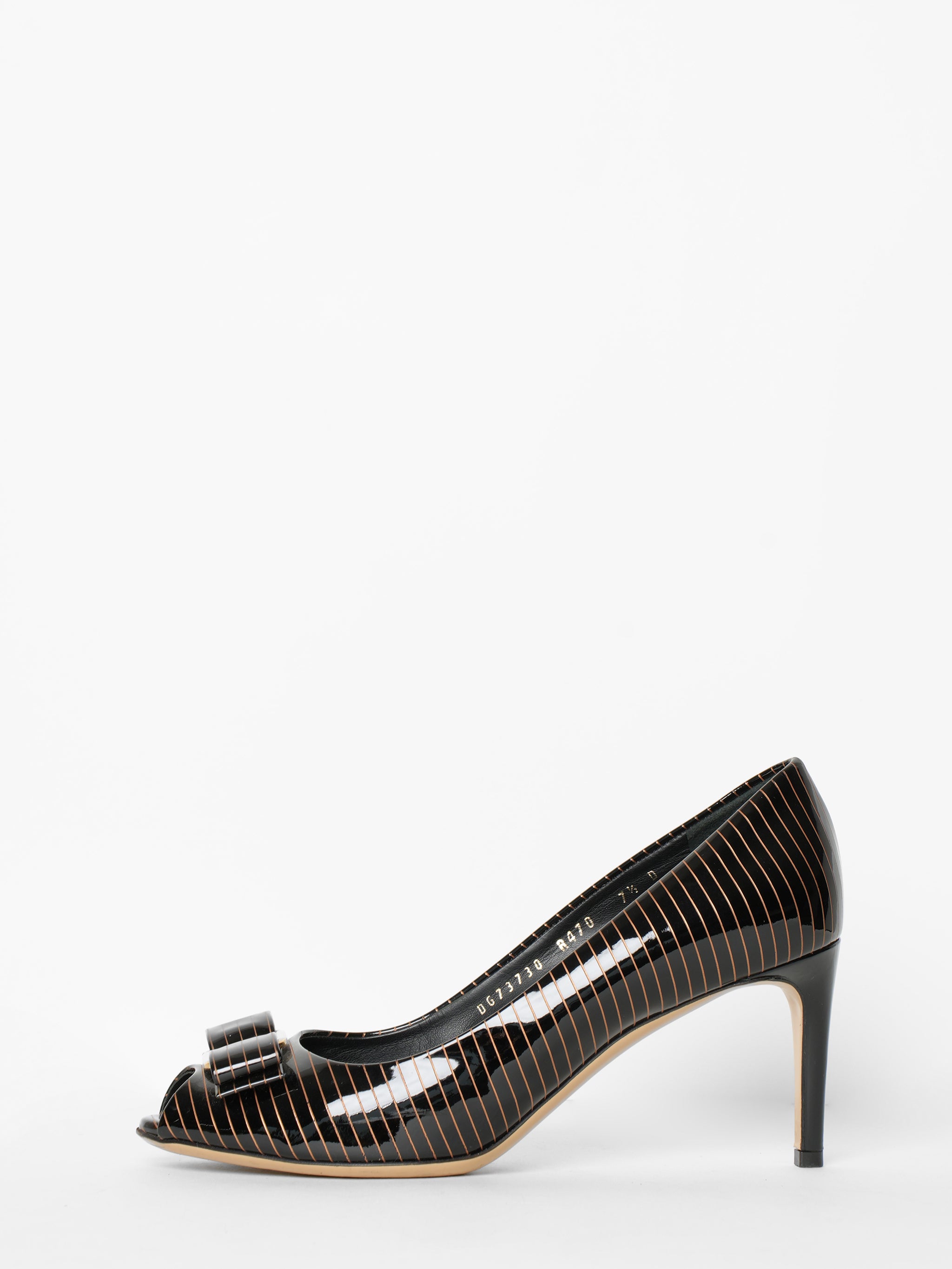 Ferragamo Pola Black And Gold Patent Leather Pumps