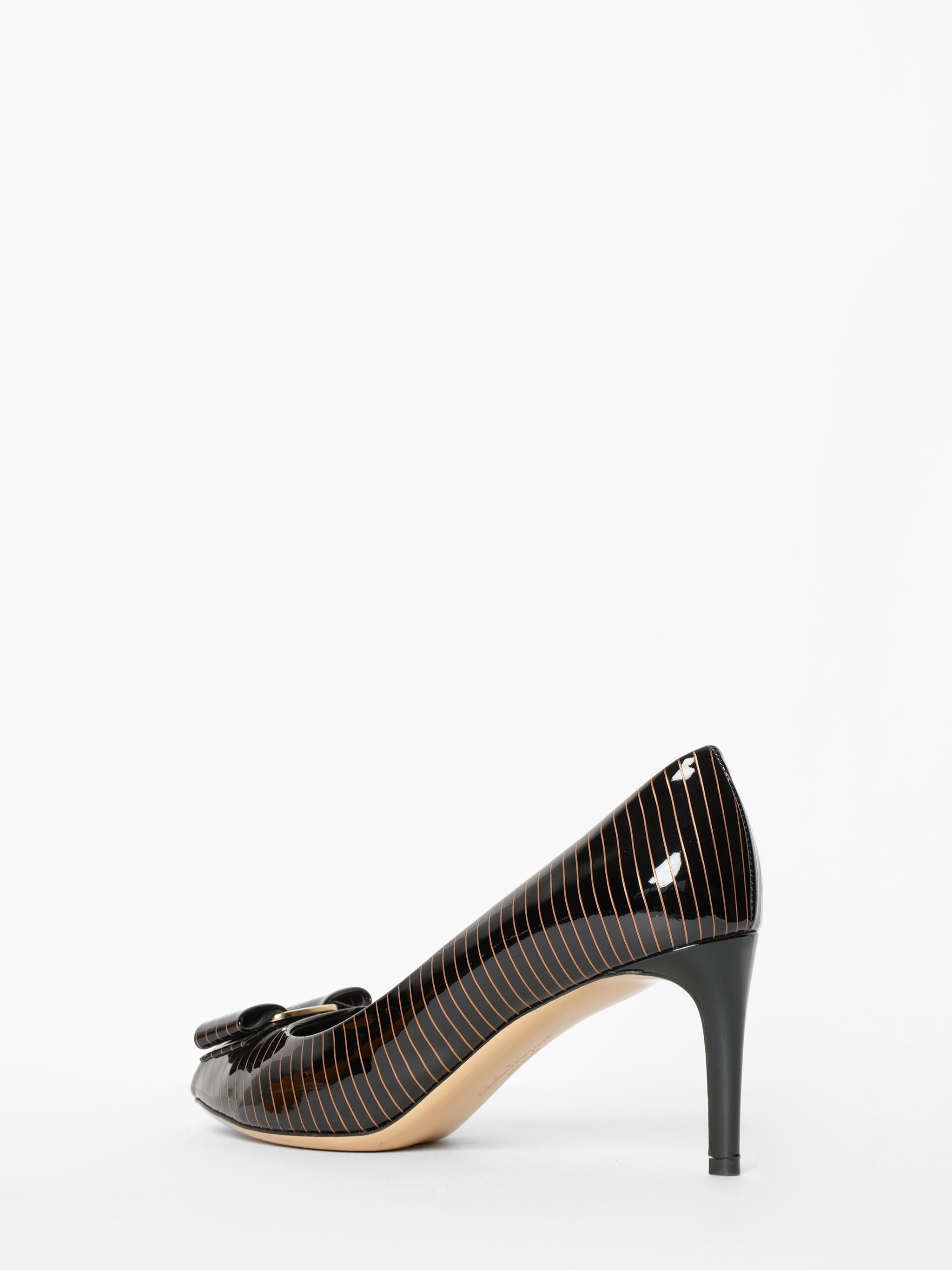 Ferragamo Pola Black And Gold Patent Leather Pumps