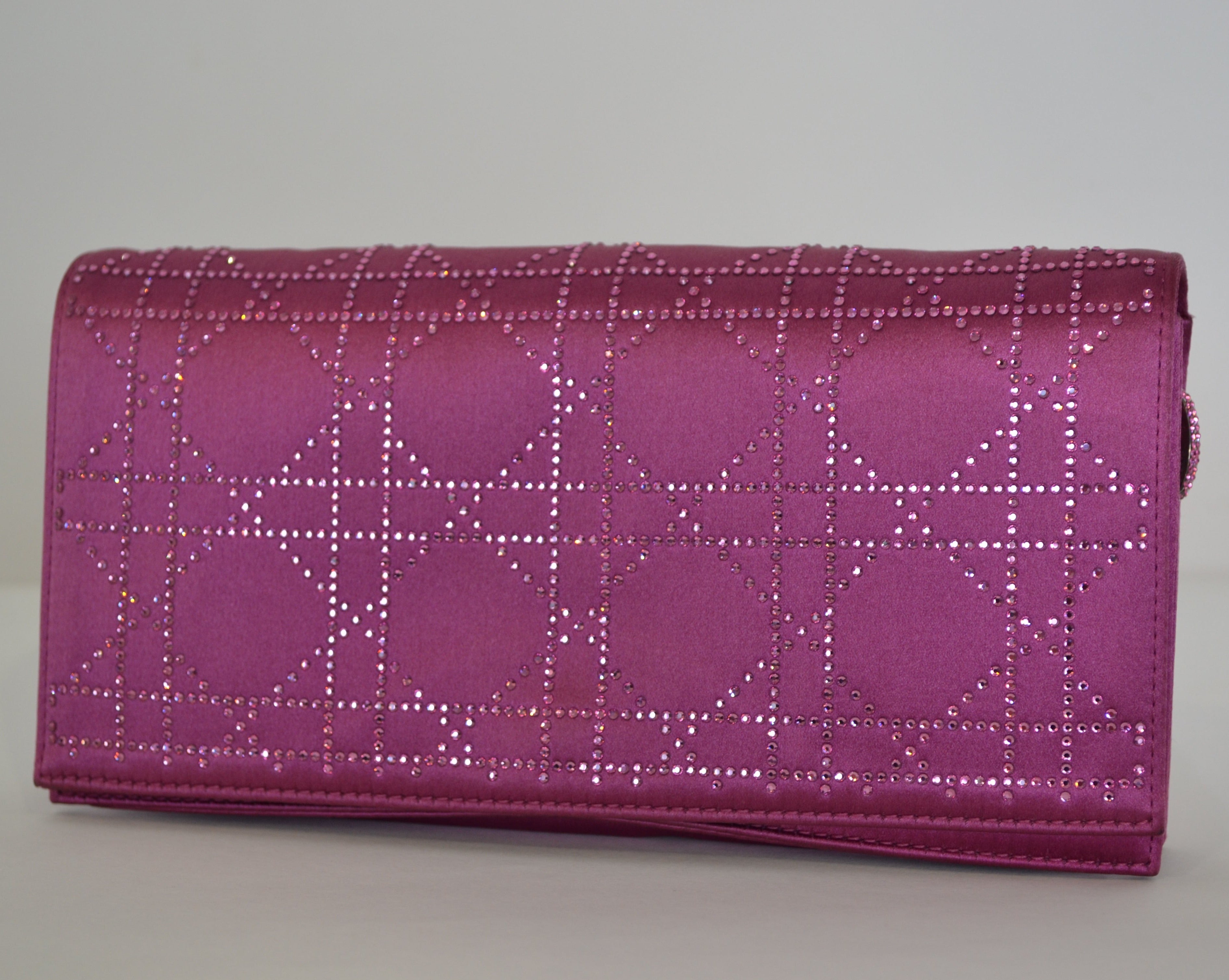 Christian Dior  Burgundy Satin Clutch With Rhinestones And Thin Silver Chain