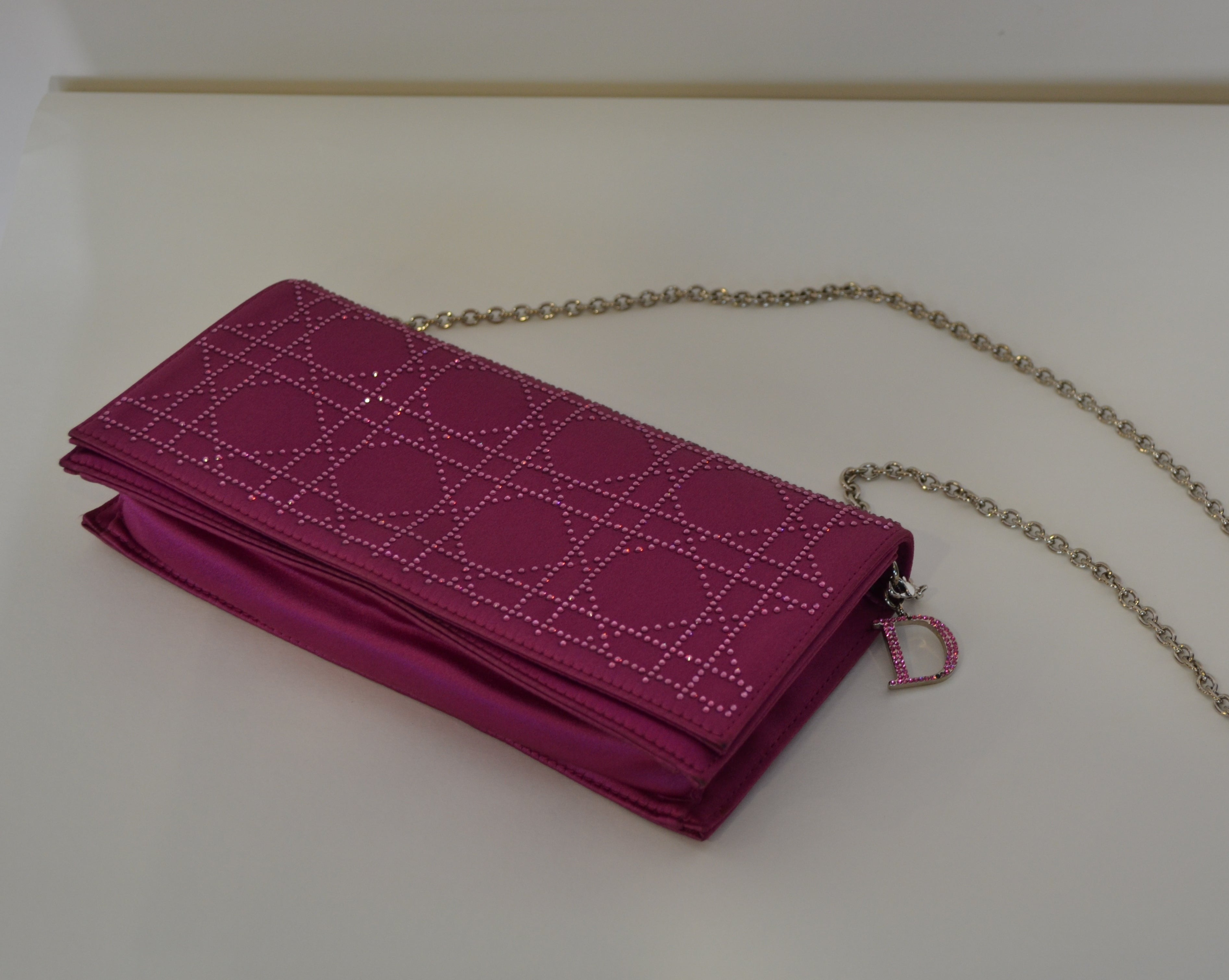 Christian Dior  Burgundy Satin Clutch With Rhinestones And Thin Silver Chain