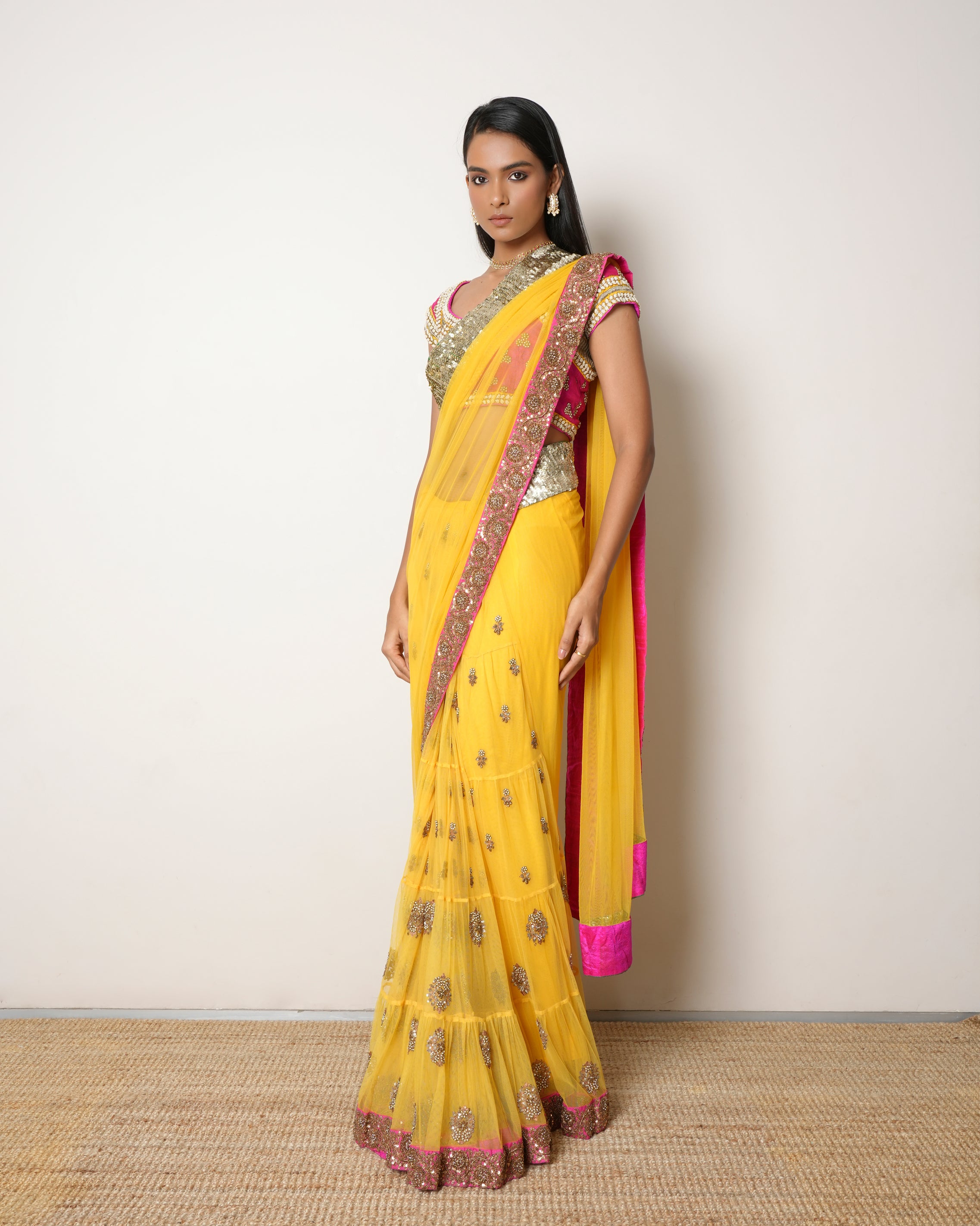 Peppermint Diva Yellow Net Saree With Motif & Zari Work
