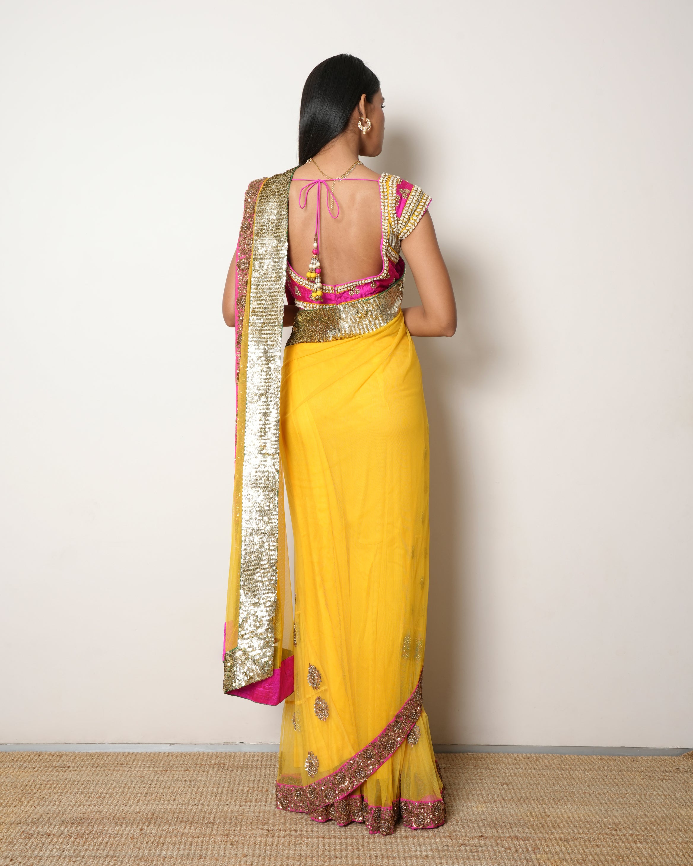 Peppermint Diva Yellow Net Saree With Motif & Zari Work