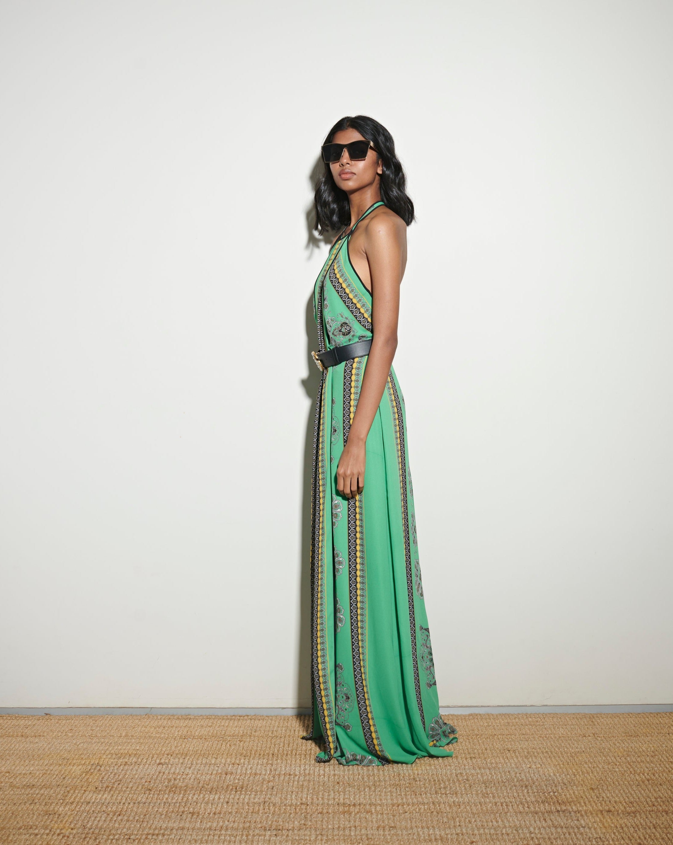 Bcbgmaxazria Green Printed Backless Dress