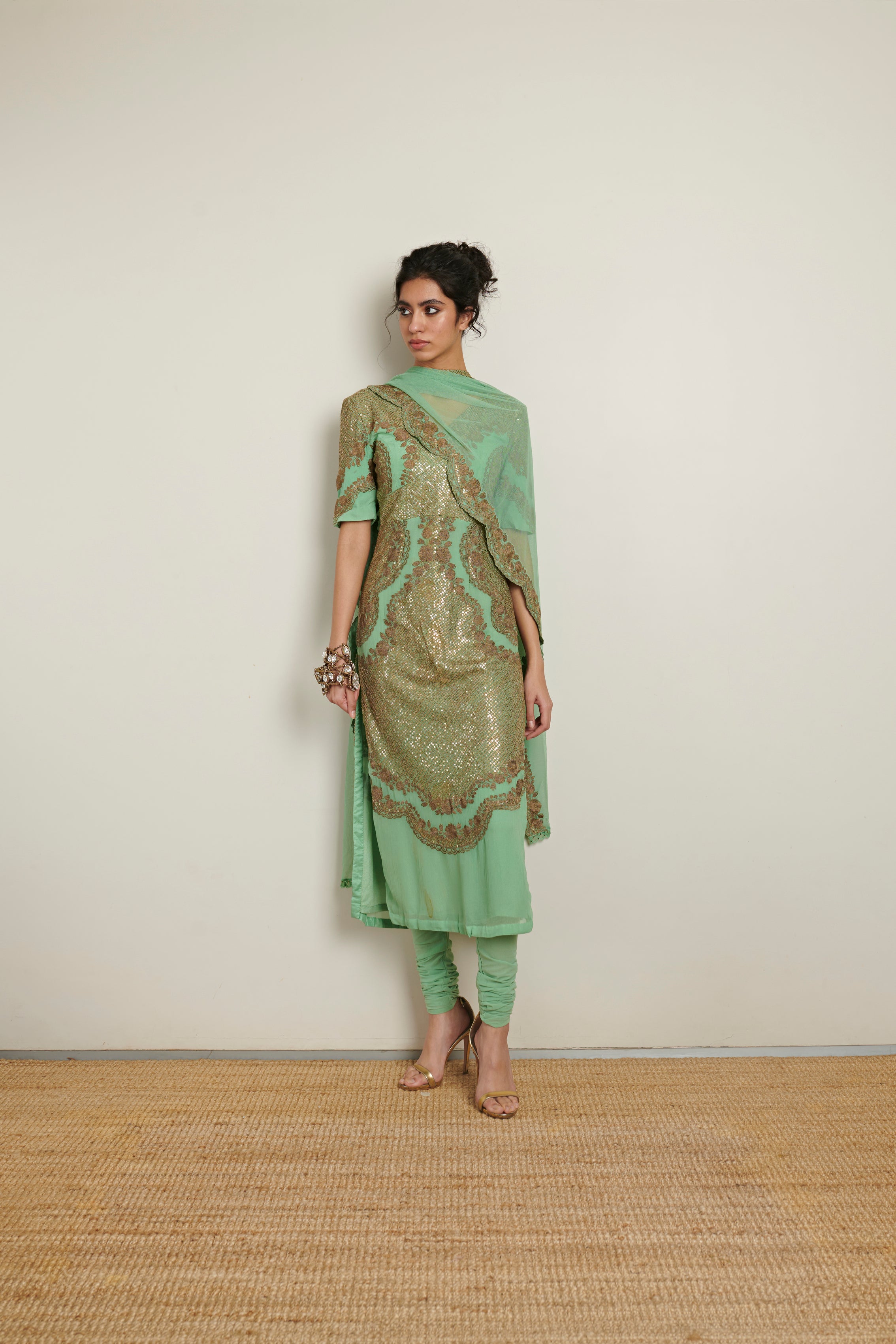 Nupur Kanoi Sage Green Suit With Heavy Sequins Work