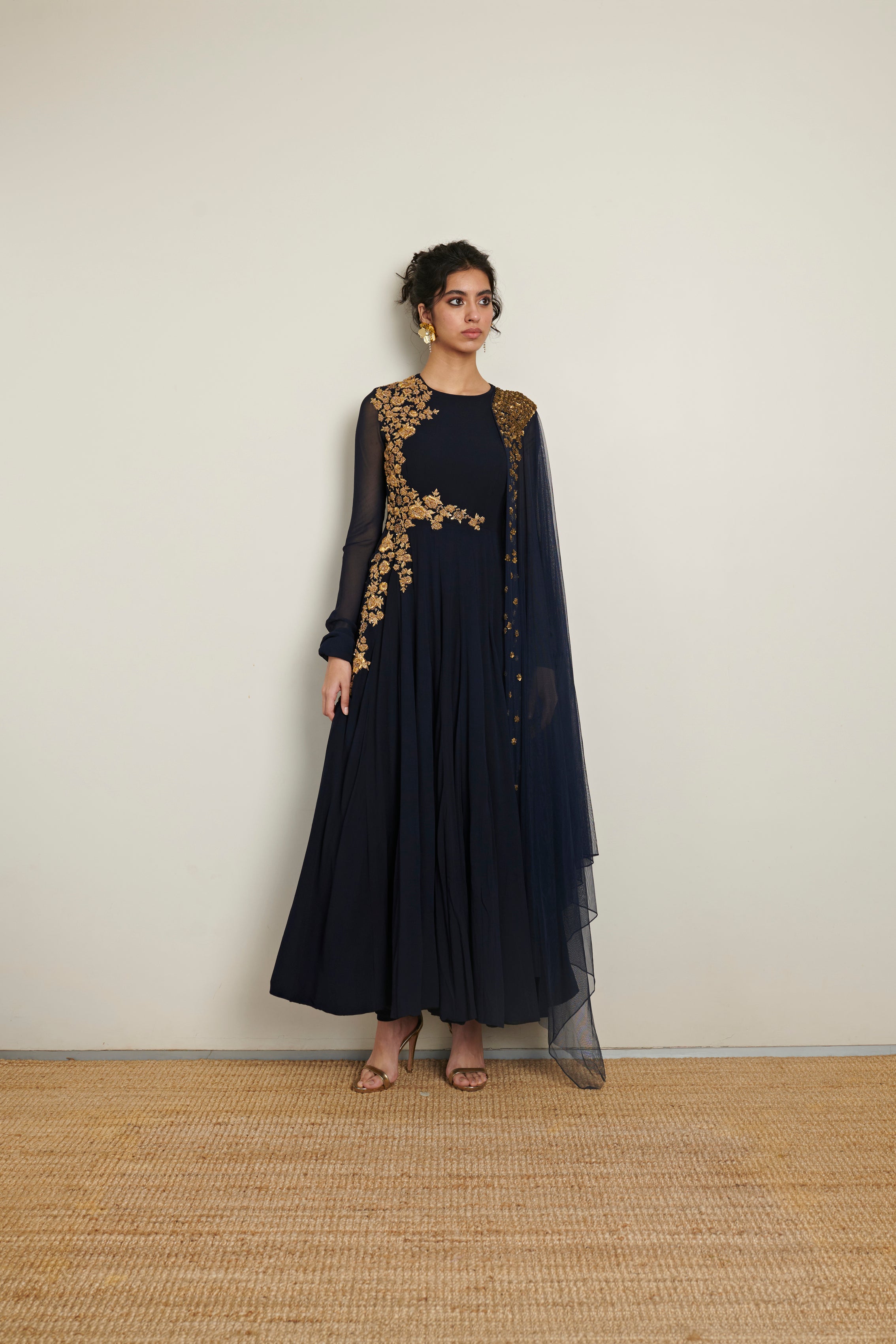 Riddhi Mehra Dark Blue Zari Work Anarkali With Attached Dupatta