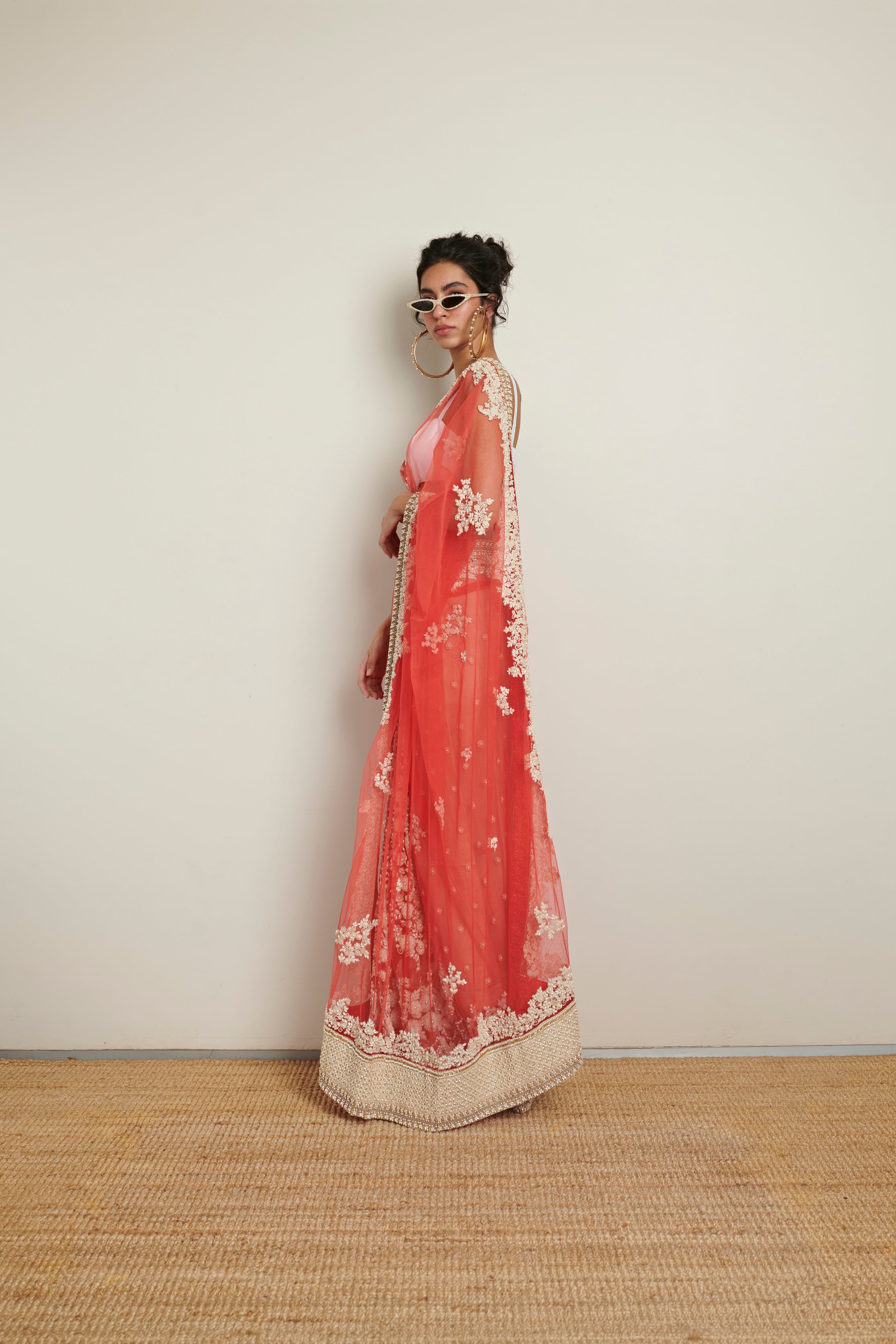 Sabyasachi Red & White Saree With Thread & Pearl Work