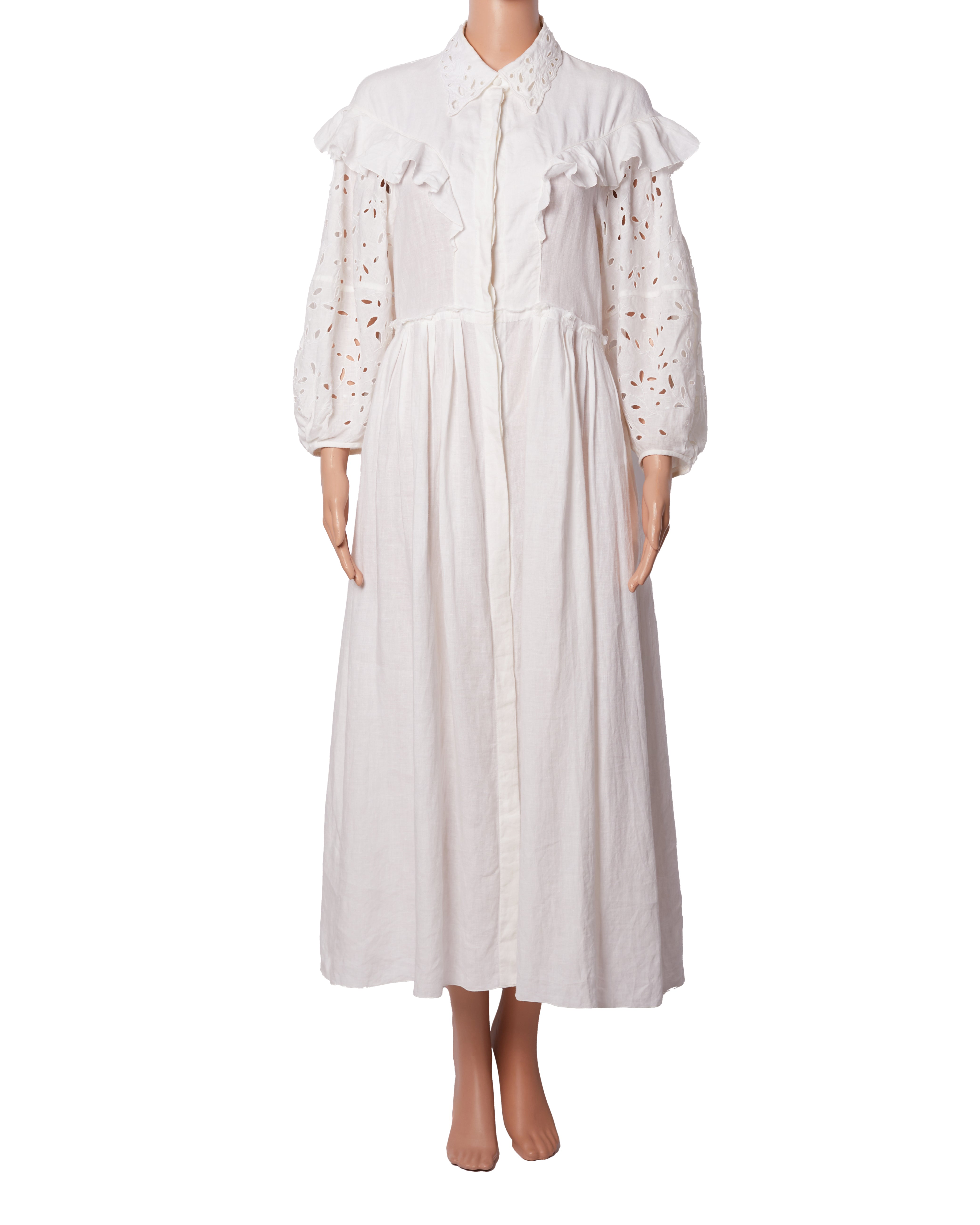 Chloe Frill Dress In White With Puff Sleeves