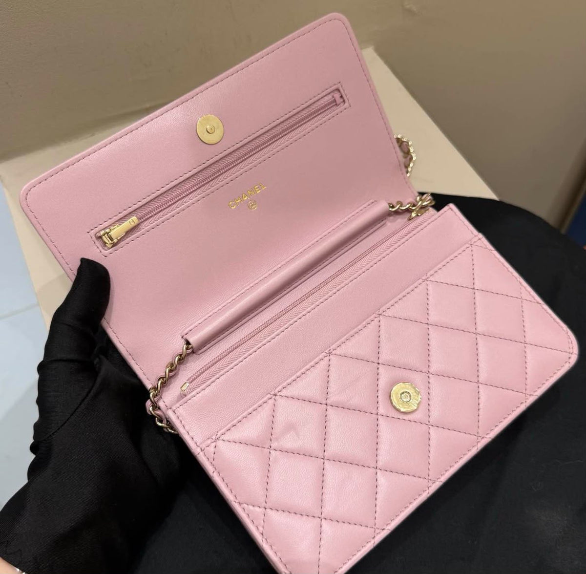 Chanel Classic Wallet on Chain (WOC) Light Pink Quilted Lambskin Gold Hardware