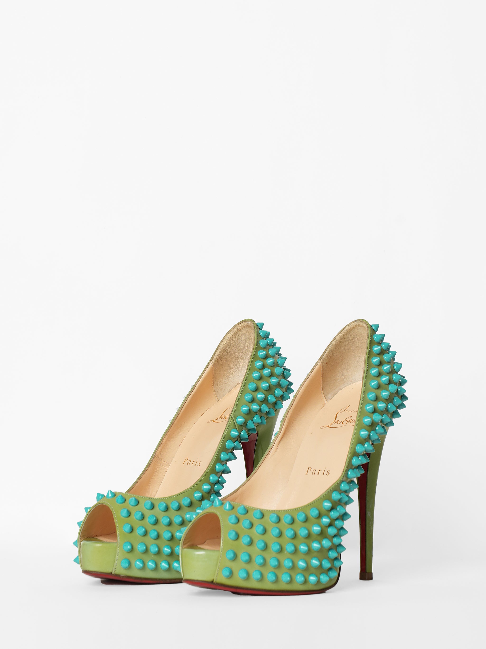 Christian Louboutin Green Patent Lady Peep Toe Spikes