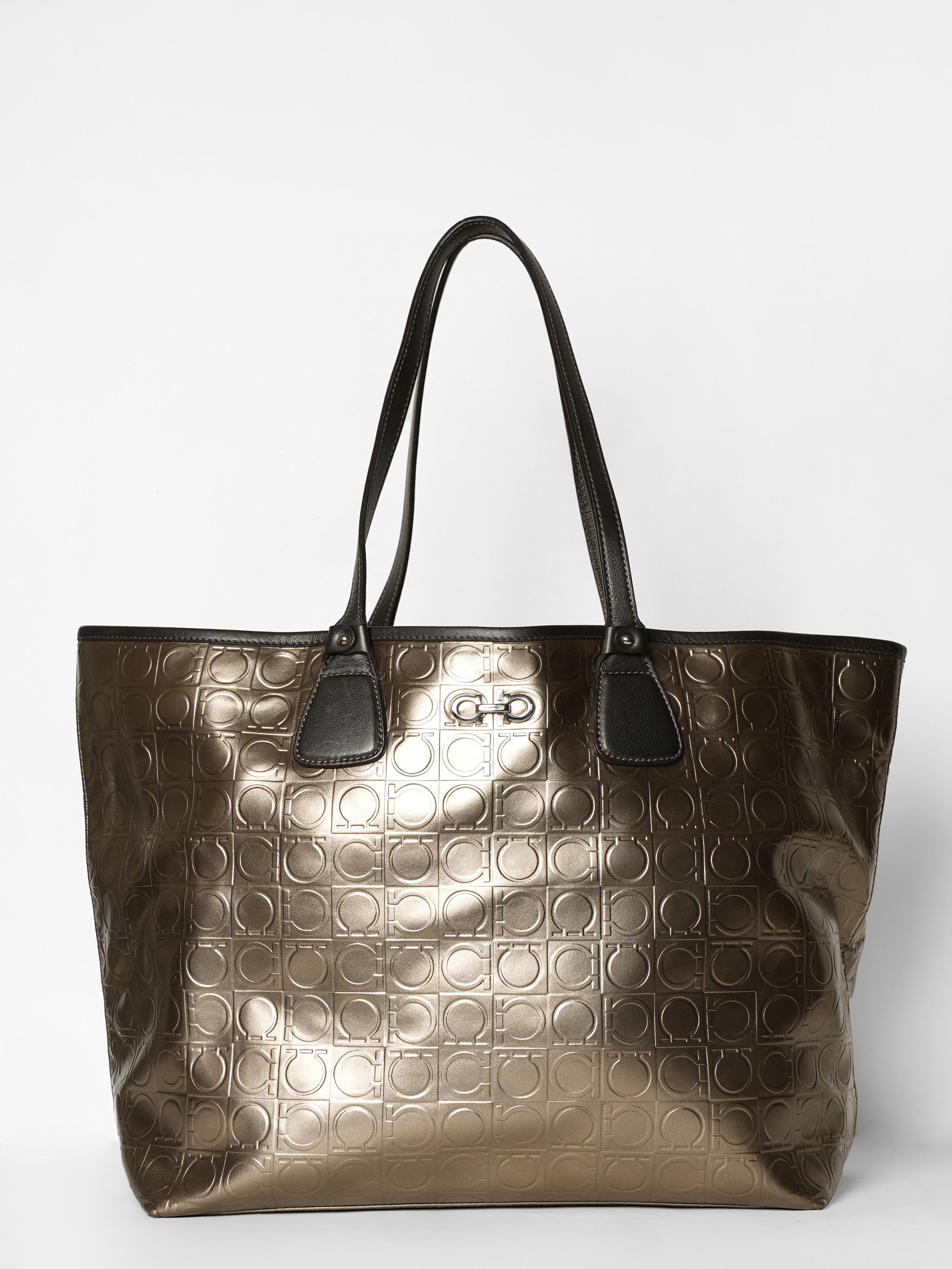 *New* Ferragamo Gold Gancini Embossed Leather Tote Bag