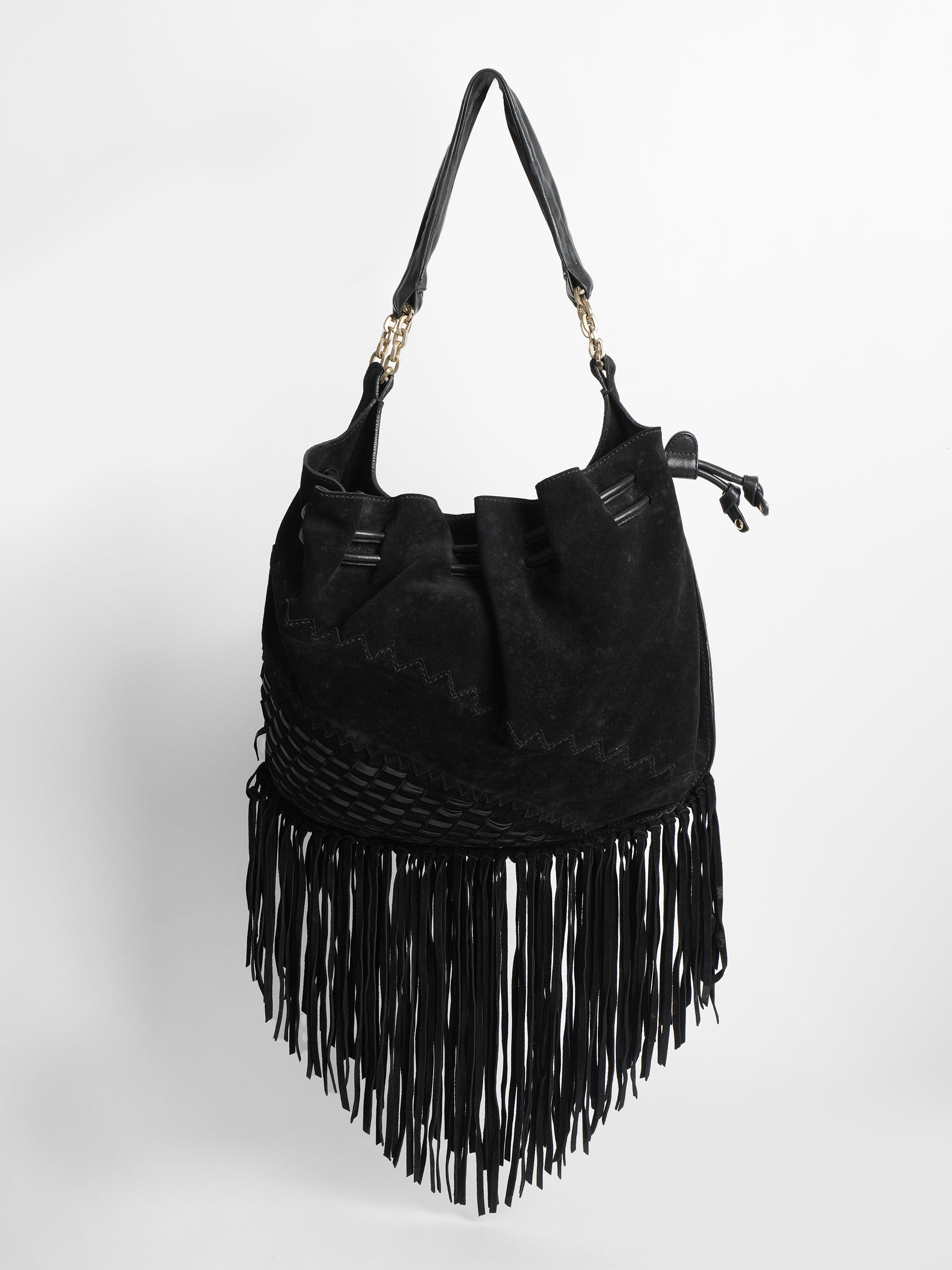 Fringed Rhinestone Accented Handbag - Black – handbagexpress