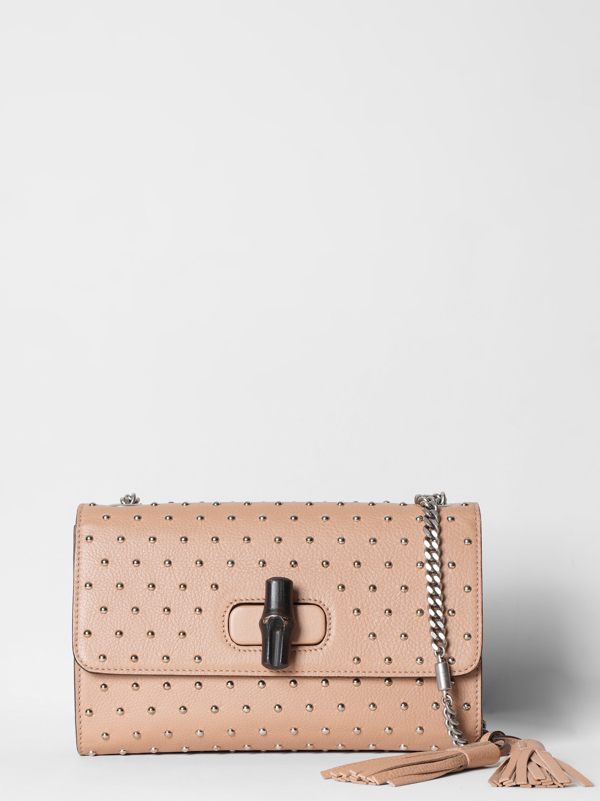 Gucci Beige Studded Leather Miss Bamboo Crossbody Bag