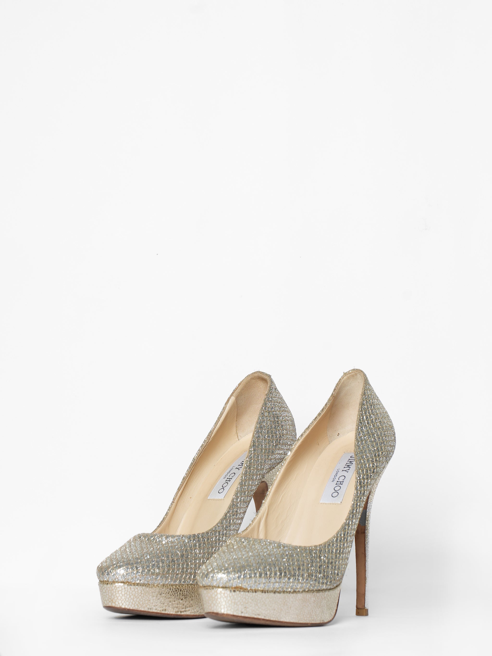 Jimmy Choo Silver Glitter Fabric & Leather Eros Pumps