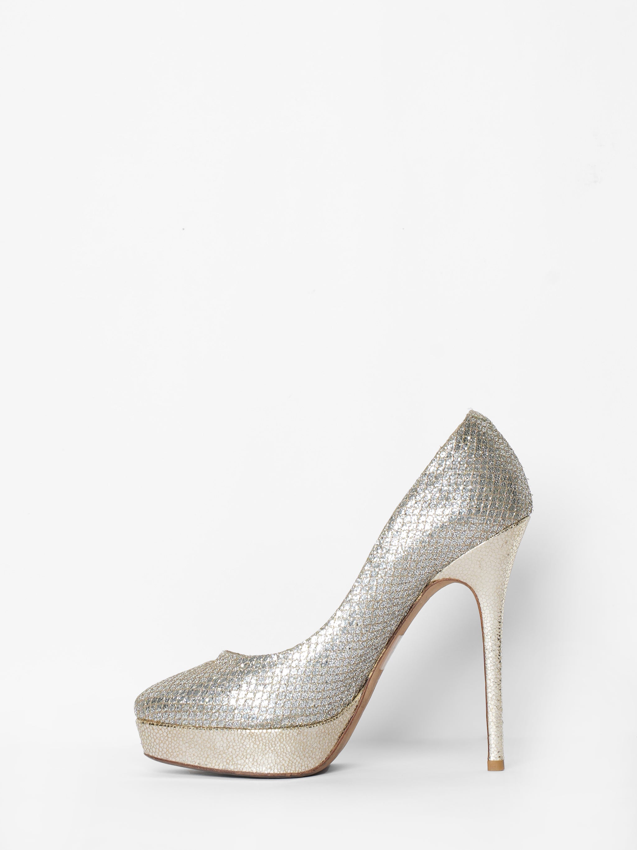 Jimmy Choo Silver Glitter Fabric & Leather Eros Pumps