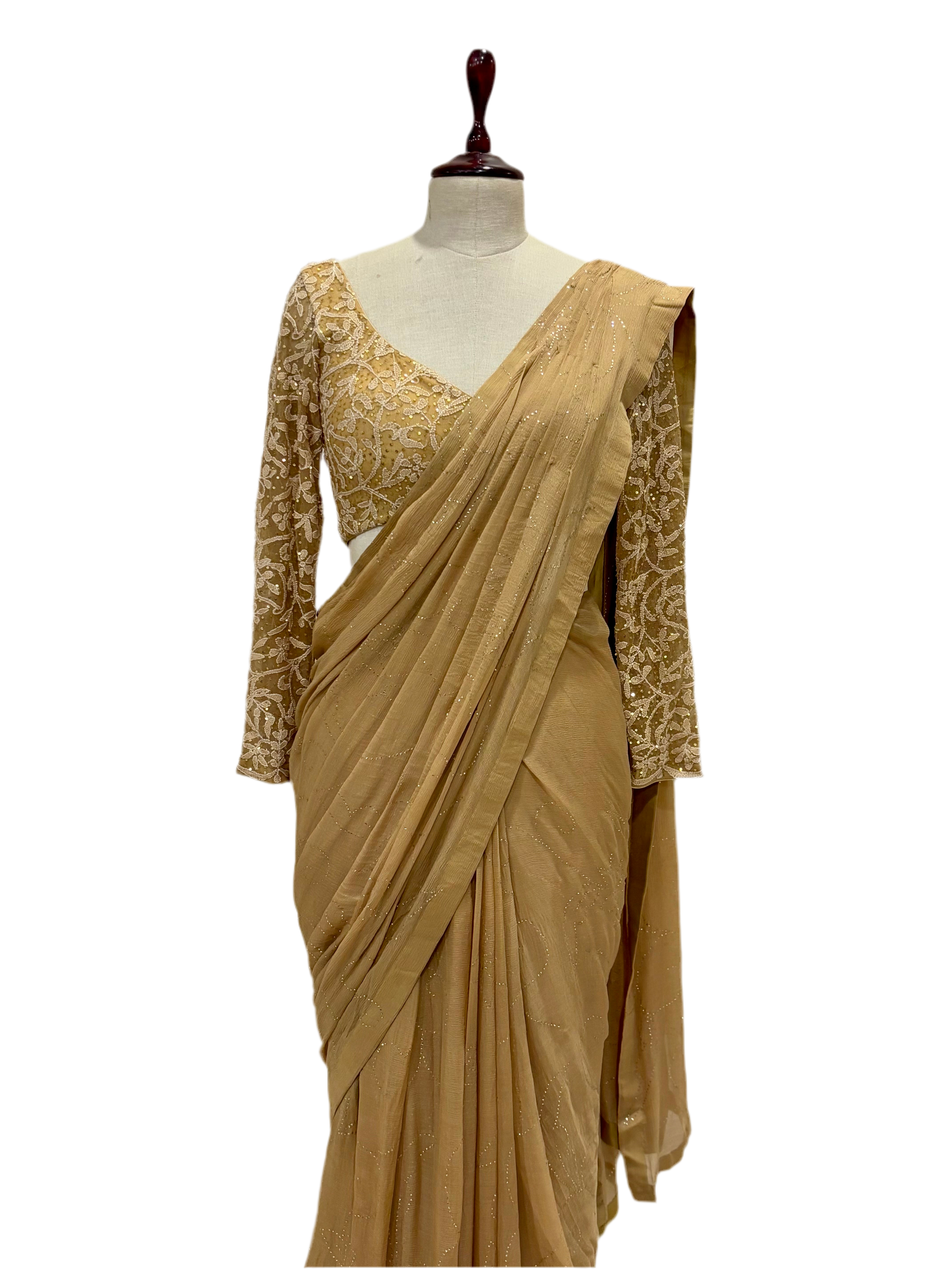 Anjul Bhandari Prestitched Saree In Beige With Padded Blouse