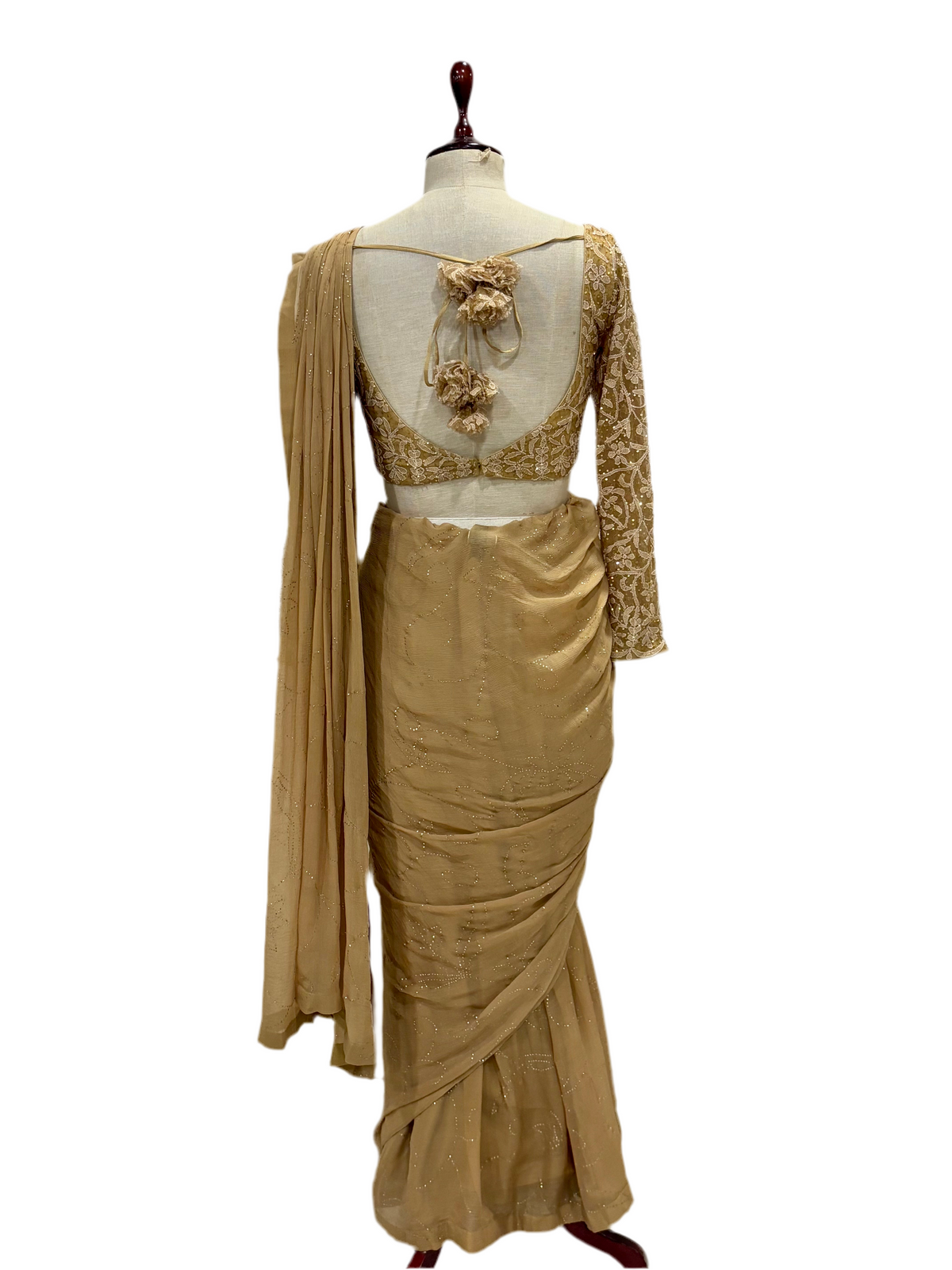 Anjul Bhandari Prestitched Saree In Beige With Padded Blouse