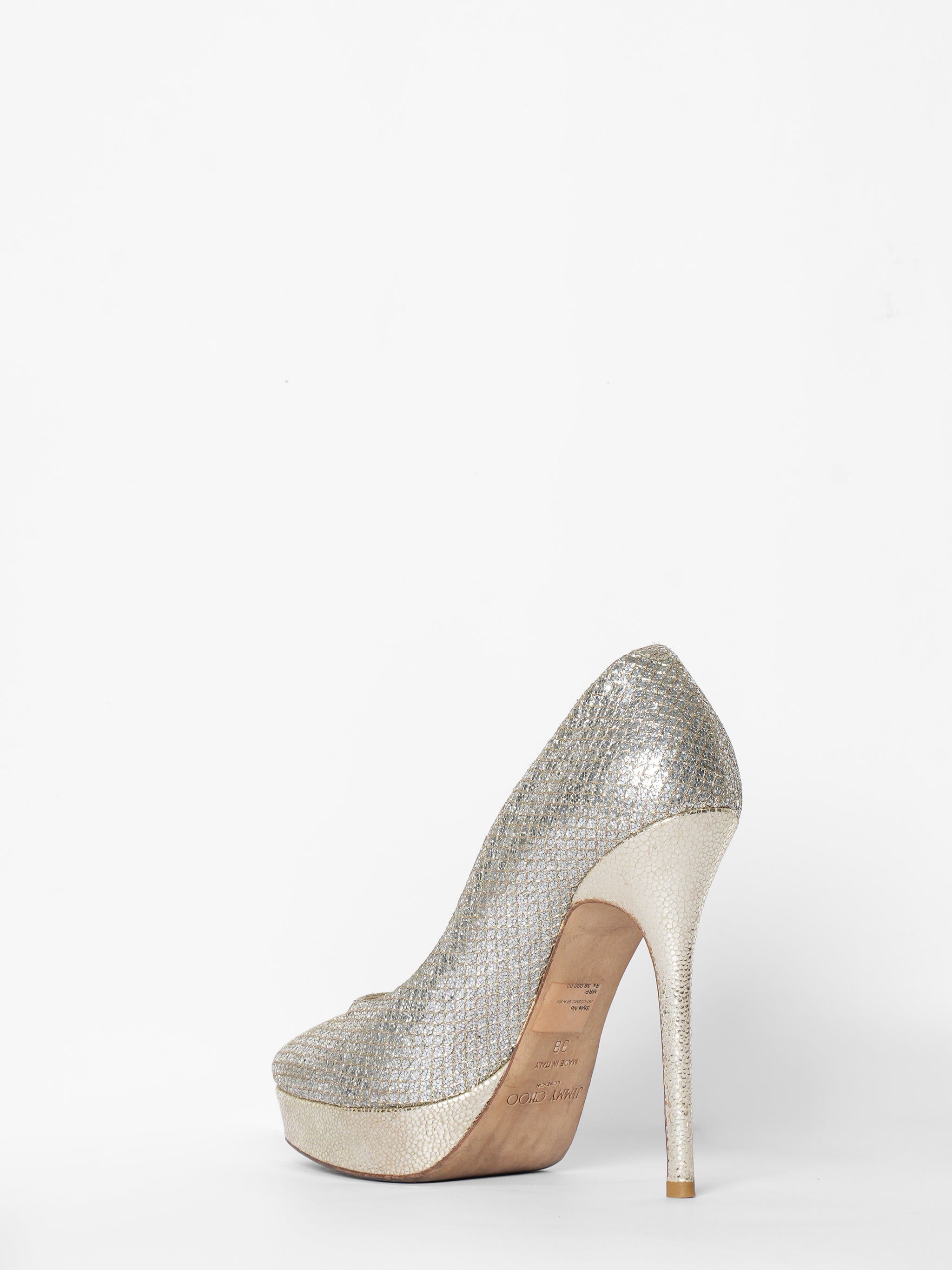 Jimmy Choo Silver Glitter Fabric & Leather Eros Pumps