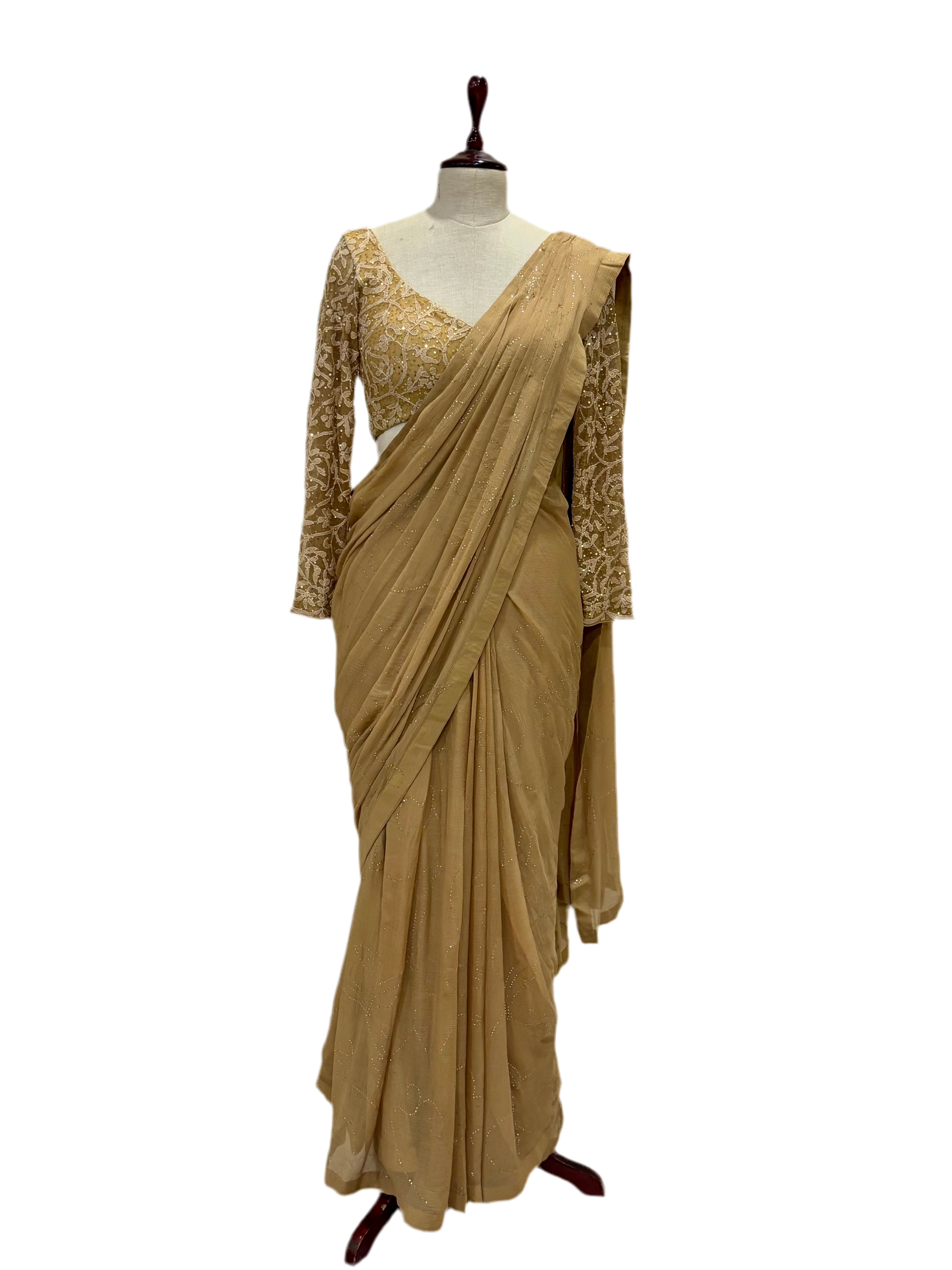 Anjul Bhandari Prestitched Saree In Beige With Padded Blouse