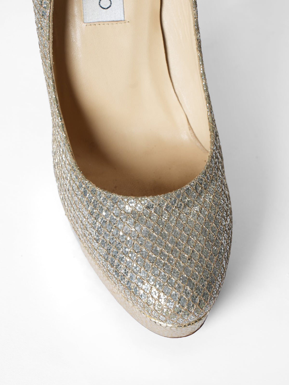 Jimmy Choo Silver Glitter Fabric & Leather Eros Pumps