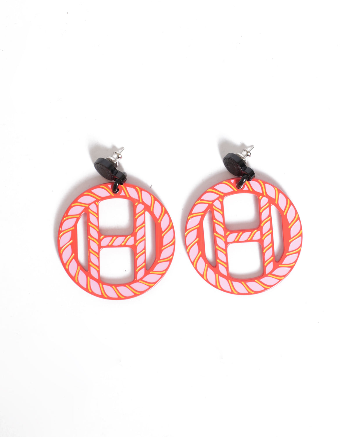 Hermès H Equipe Earrings in Red & Pink with Yellow Accent