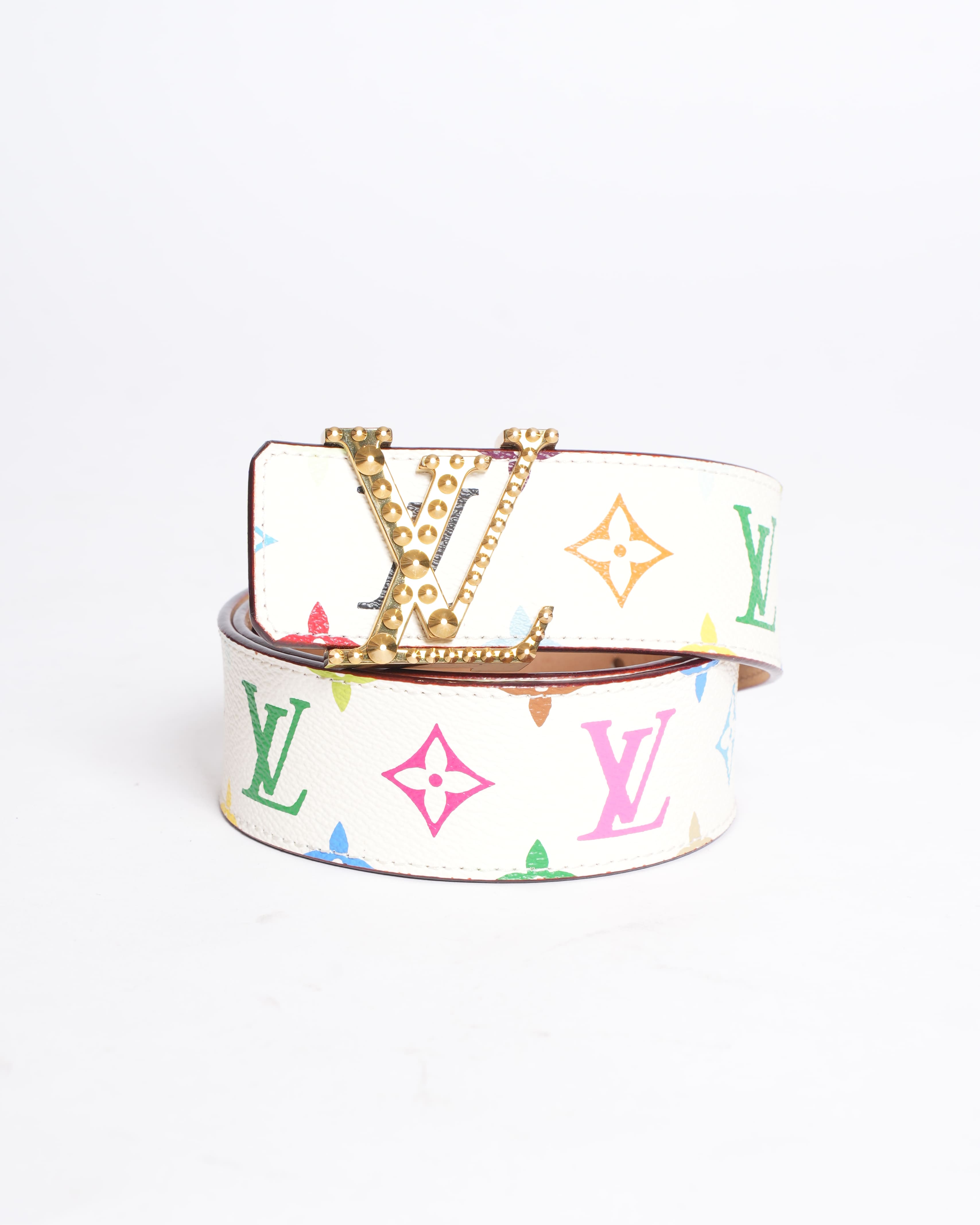 Louis Vuitton White Multicolor Monogram Canvas Studded Buckle Belt